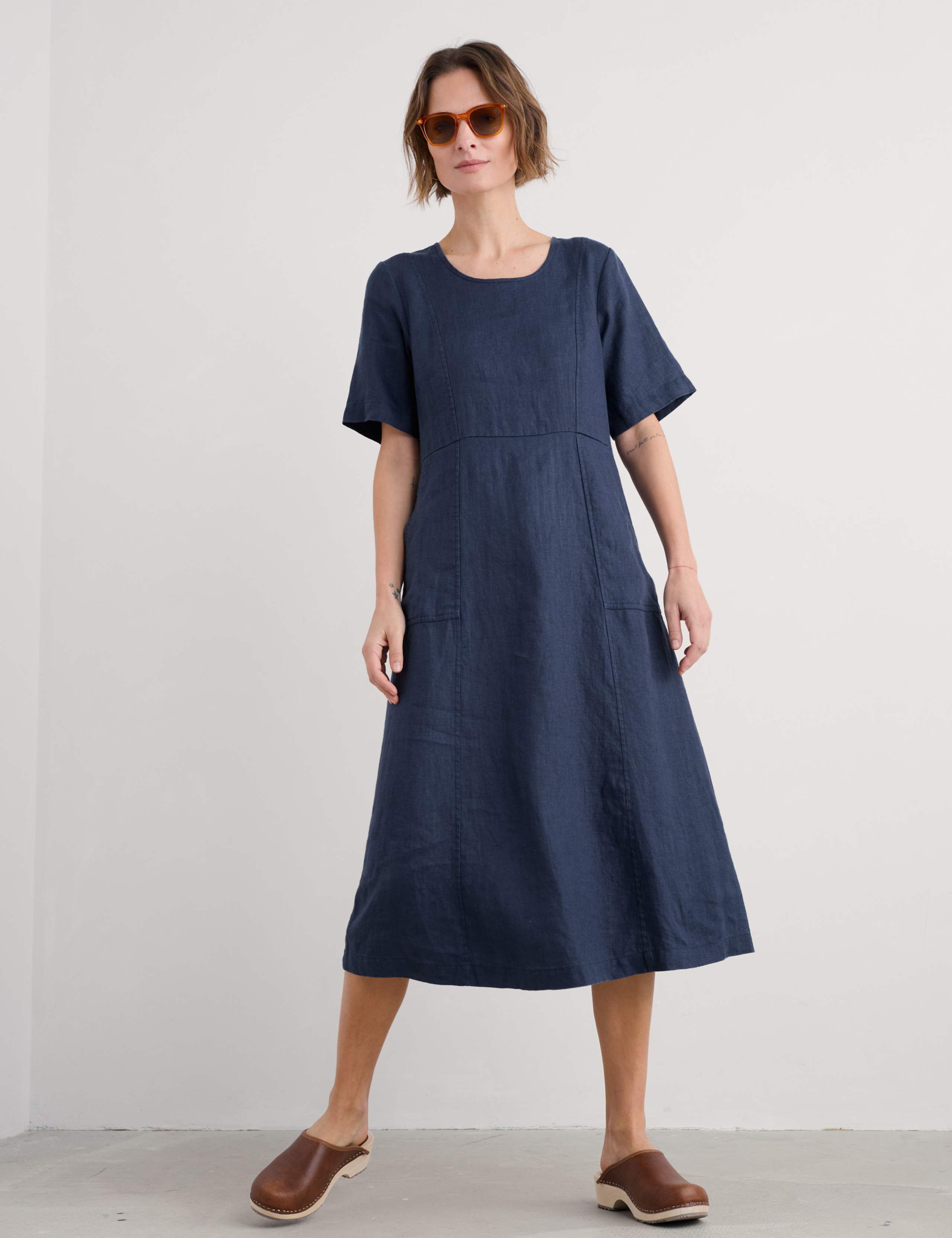 Pure Linen Scoop Neck Midi Waisted Dress
