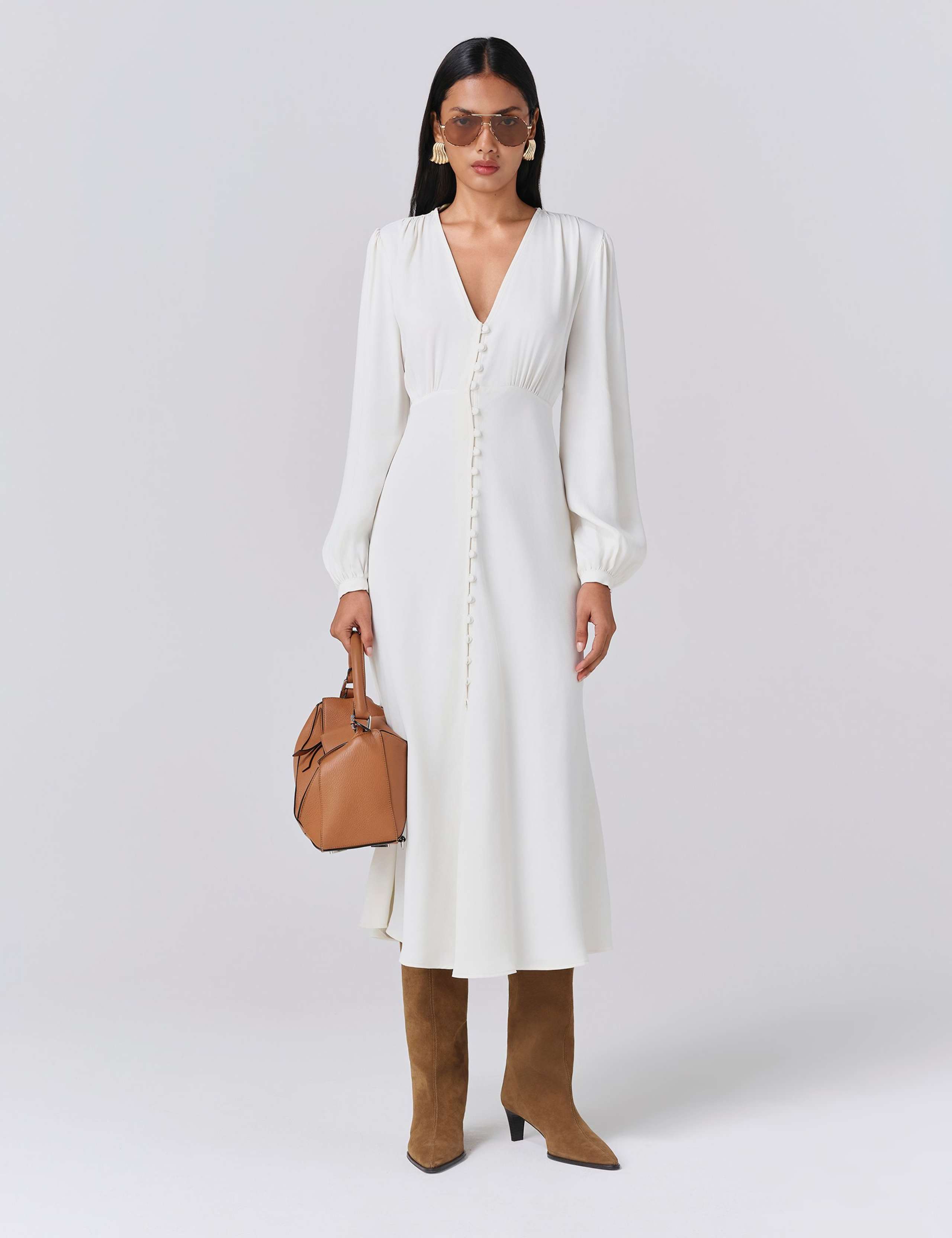 Crepe Button Through Midi Skater Dress