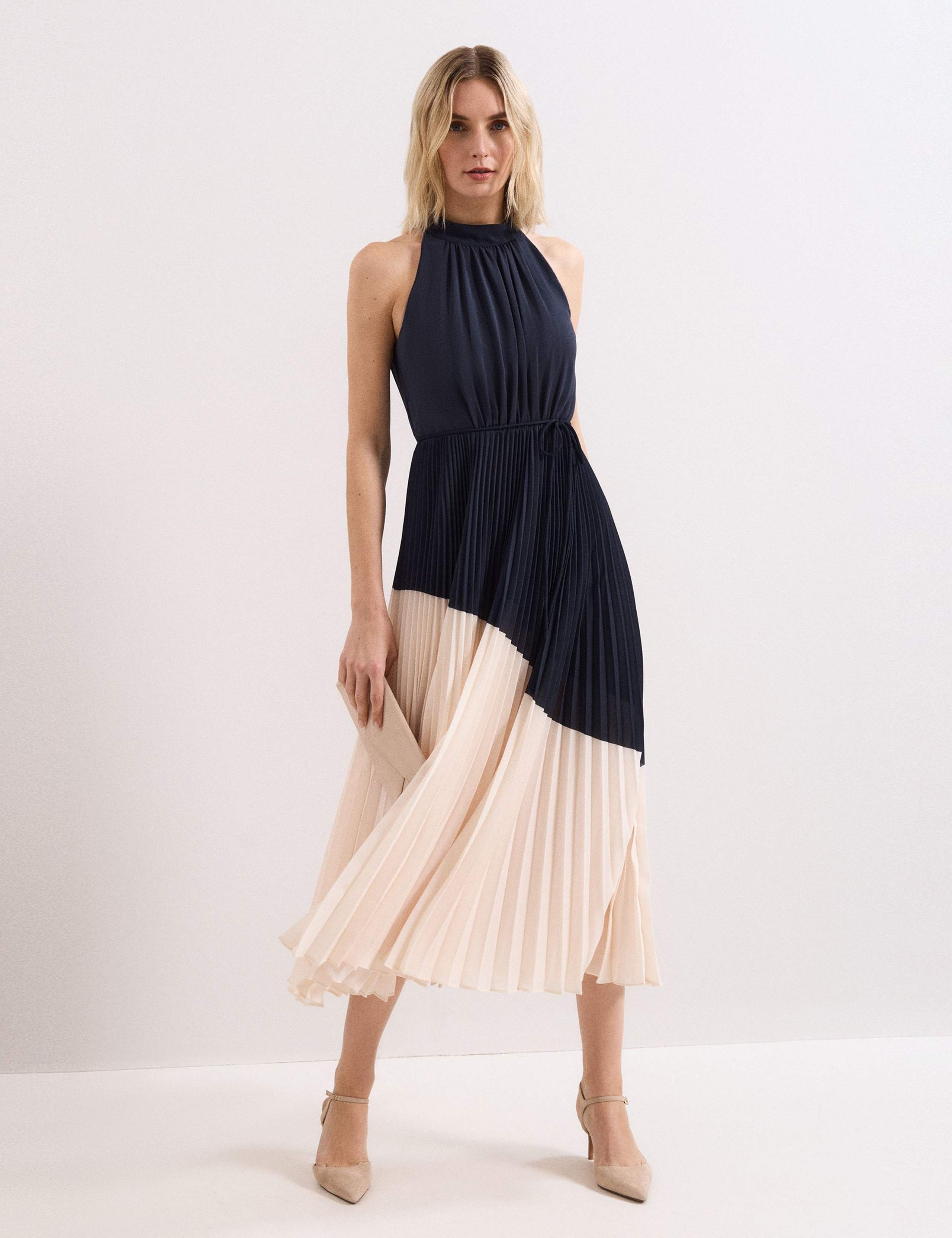 Colour Block High Neck Pleated Midaxi Dress