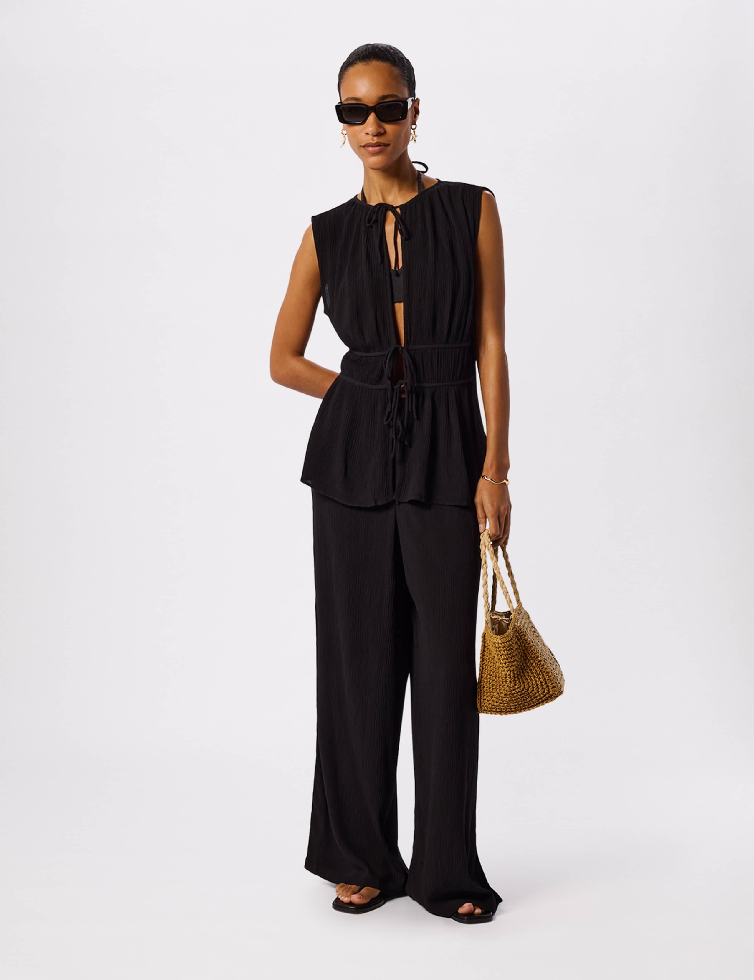Textured Drawstring Straight Leg Trousers