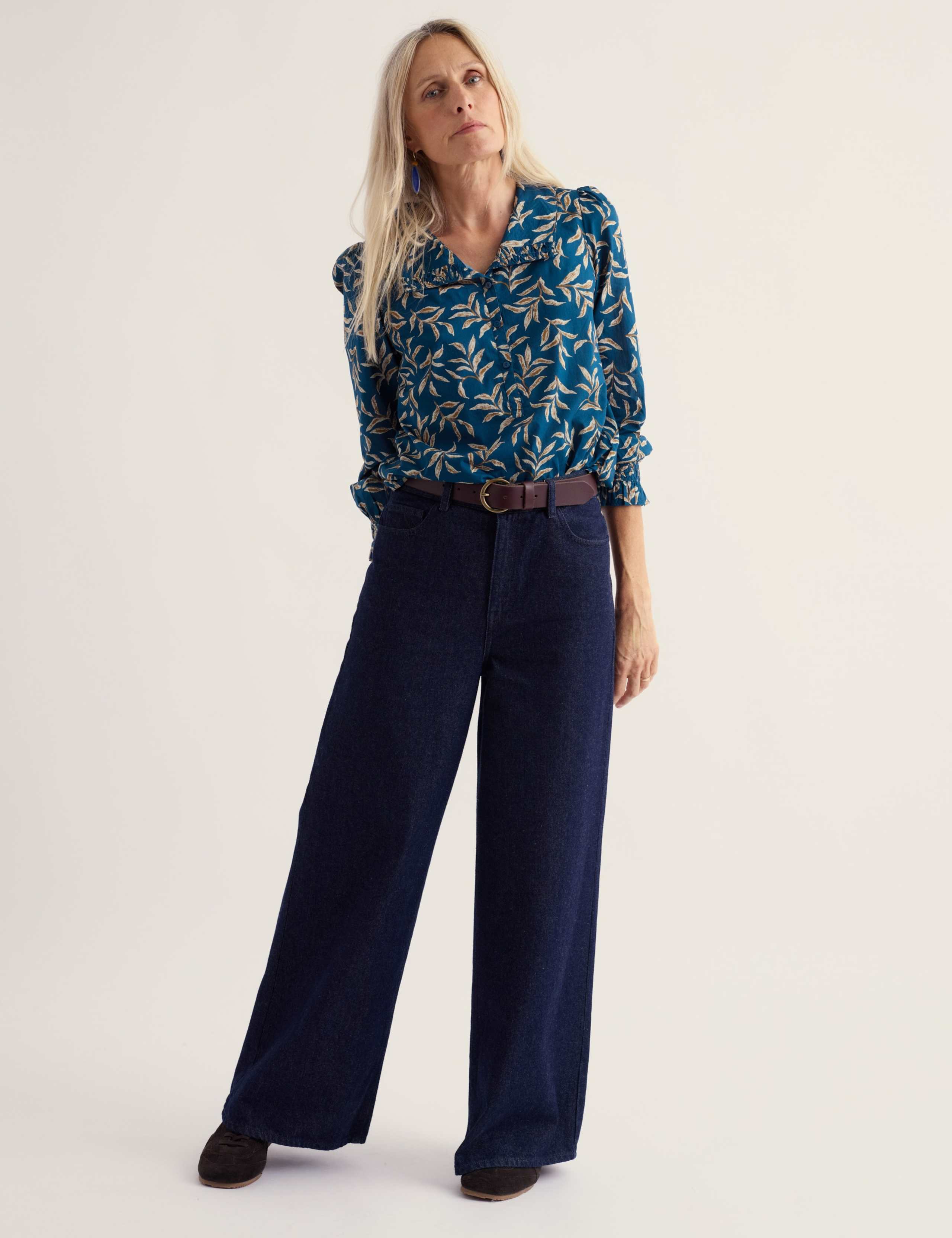 Pure Cotton Printed Collared Gathered Blouse