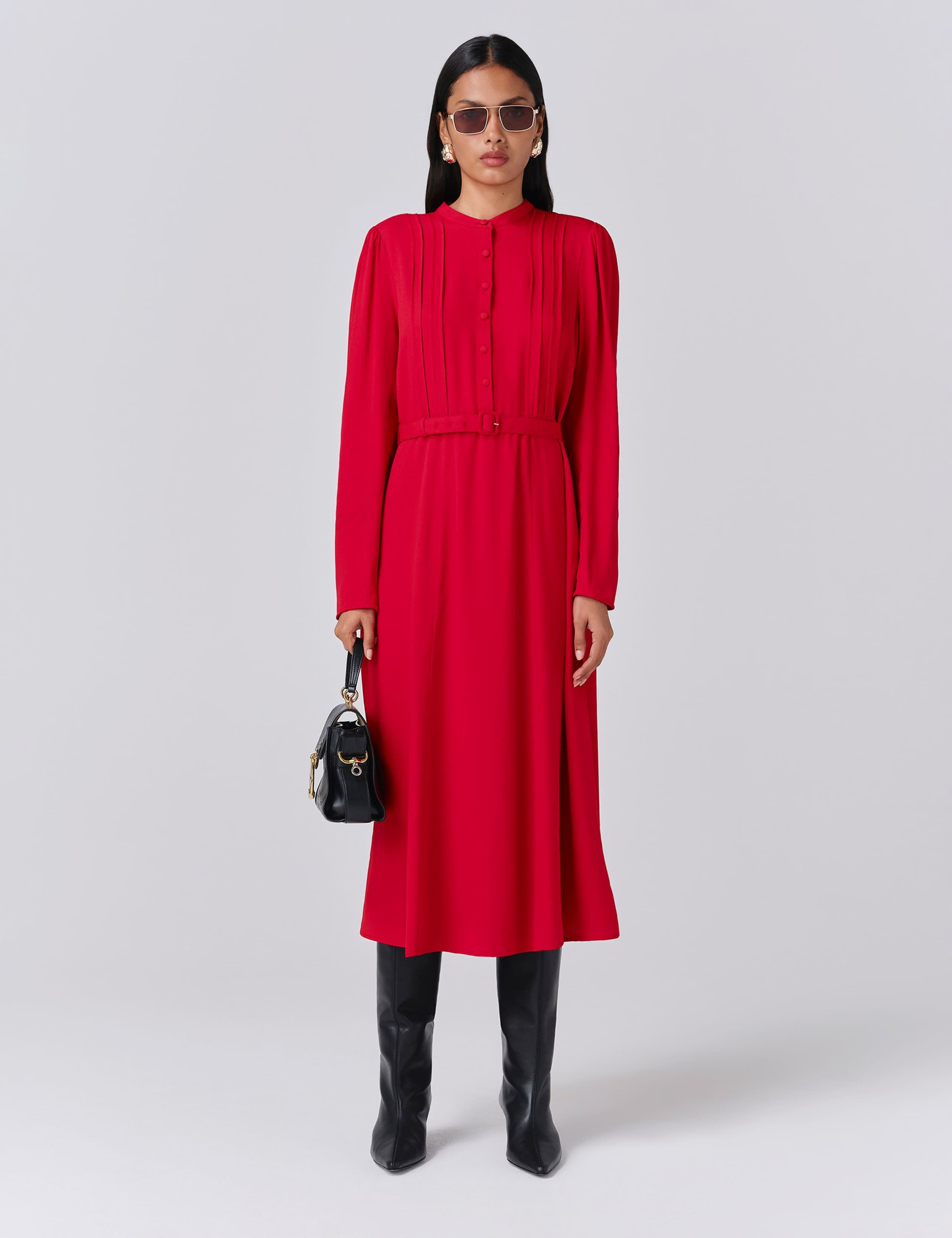 Crepe Pintuck Button Front Midi Waisted Dress