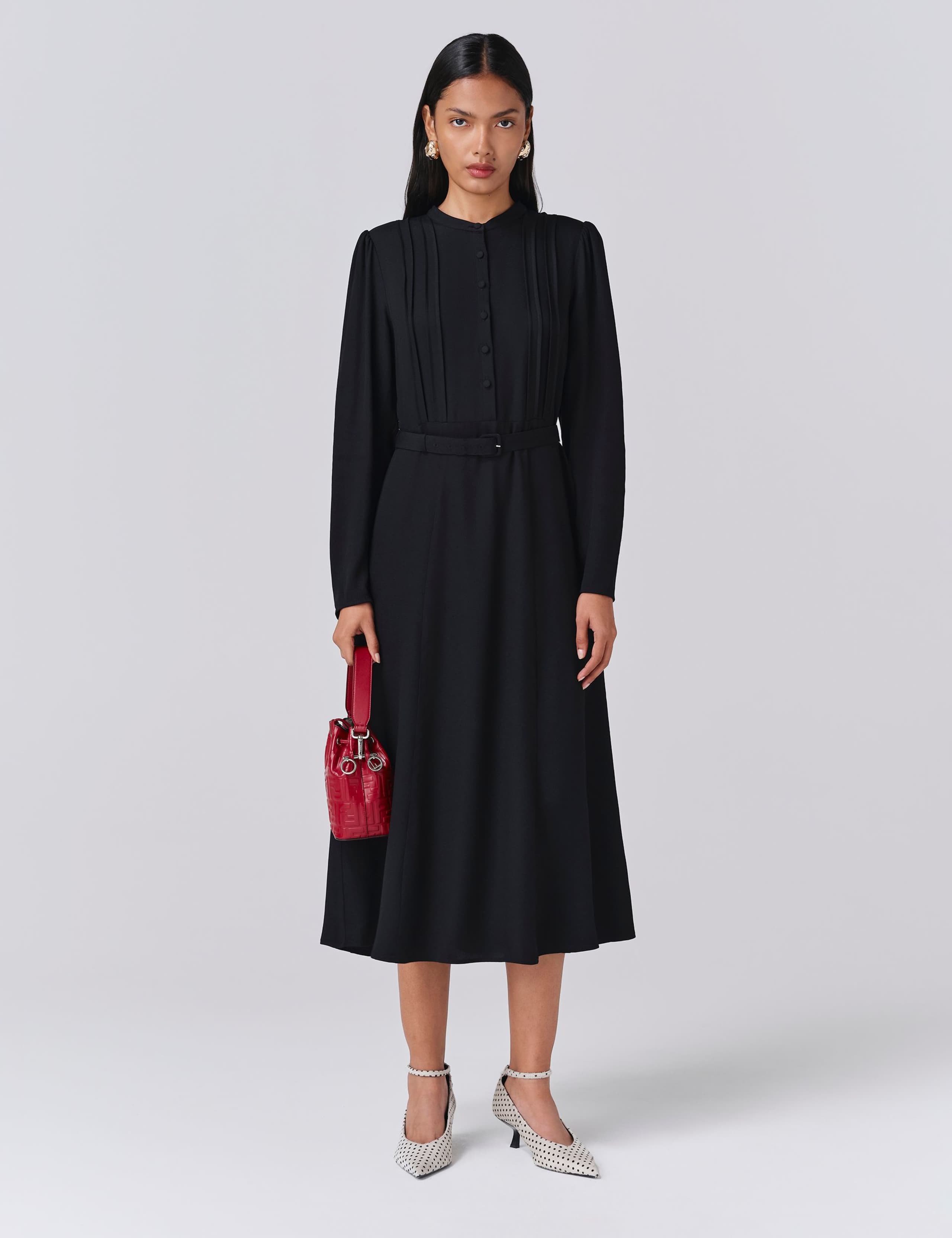 Crepe Pintuck Button Front Midi Waisted Dress