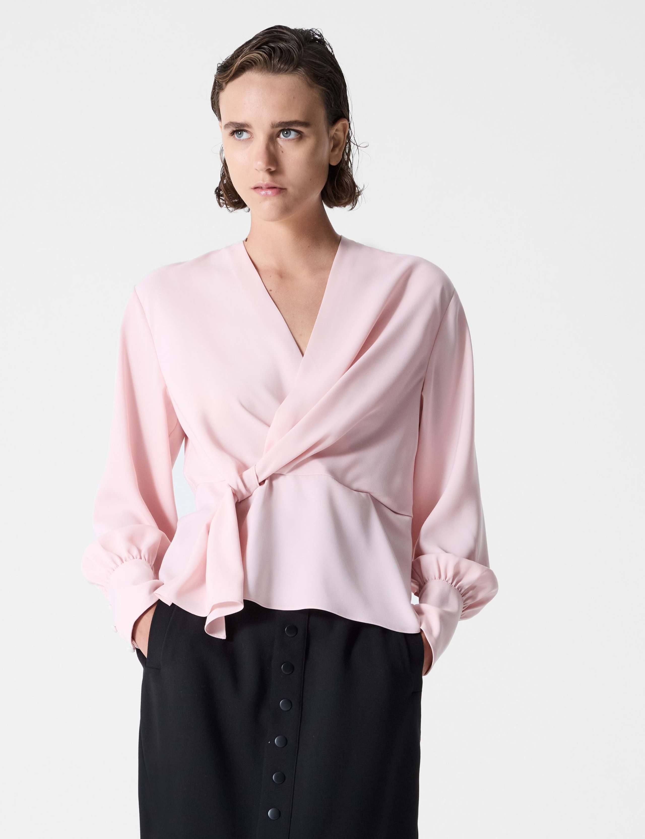 Crepe V-Neck Tie Detail Peplum Top