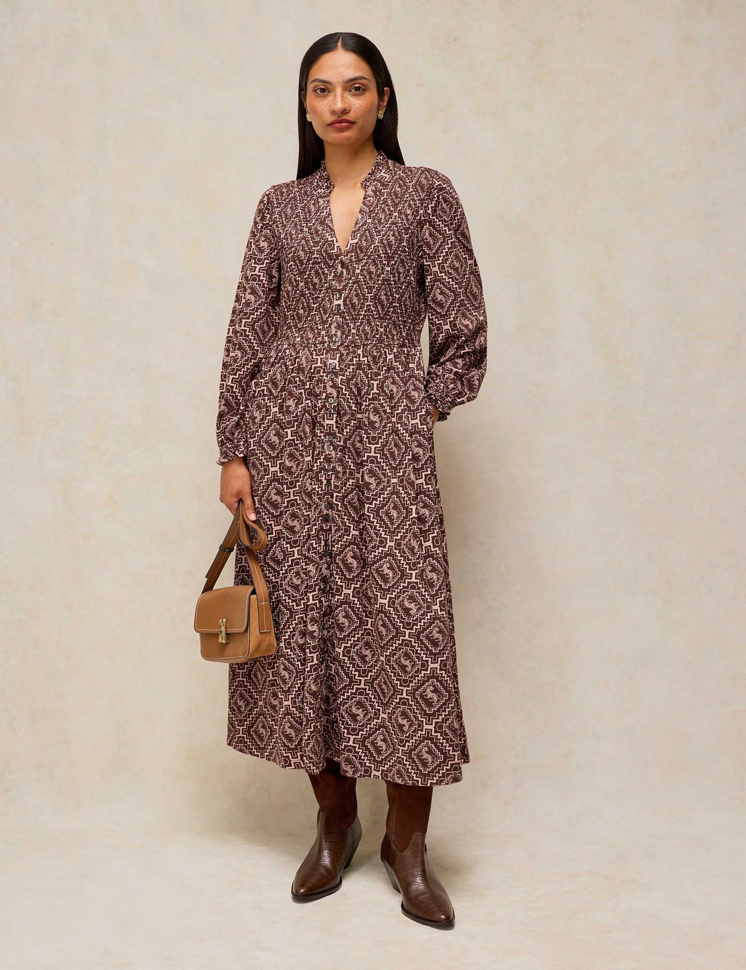 Cotton Blend Shirred Notch Neck Midi Dress