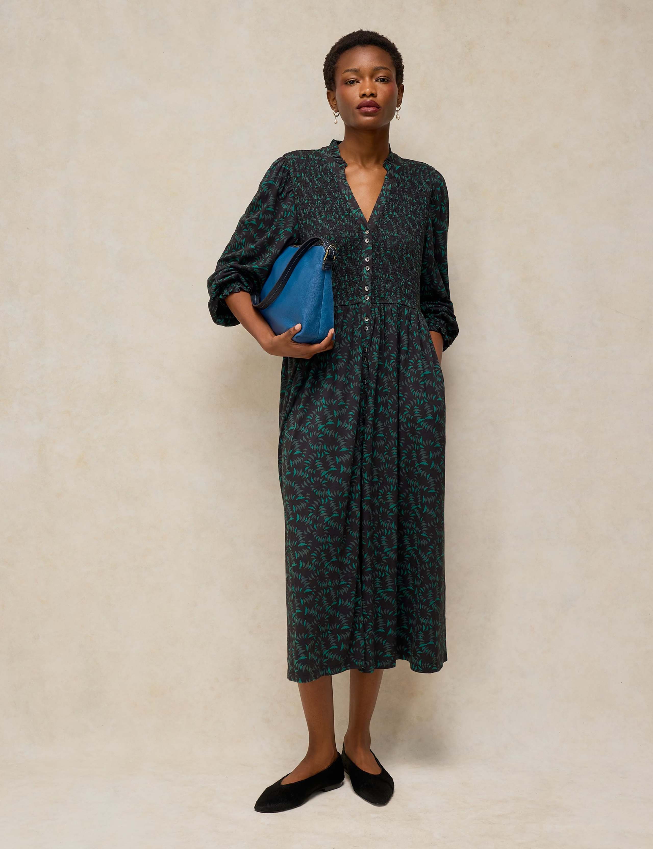 Cotton Blend Shirred Notch Neck Midi Dress