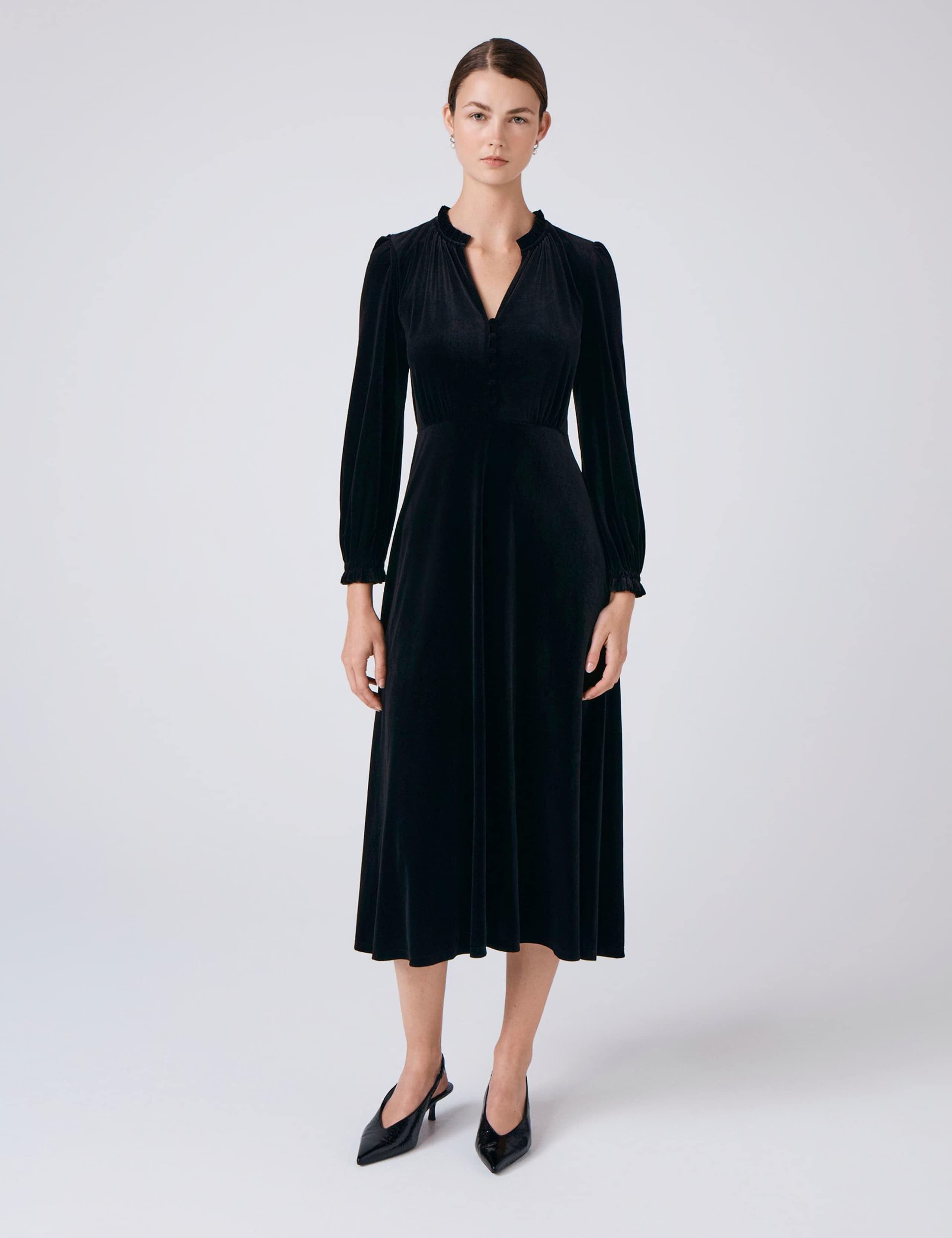 Velvet V-Neck Button Front Midi Skater Dress