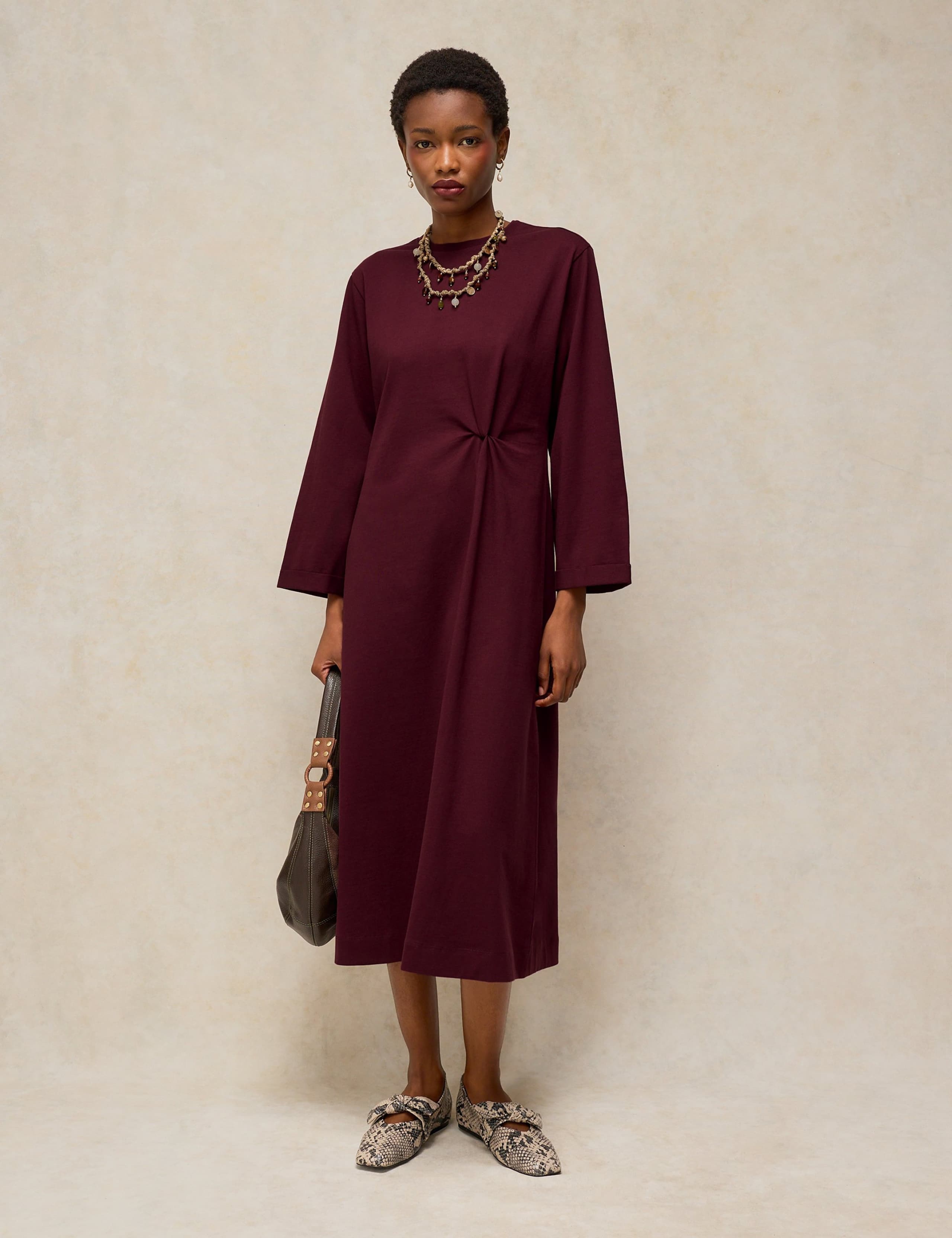 Pure Cotton Crew Neck Midi Twist Dress