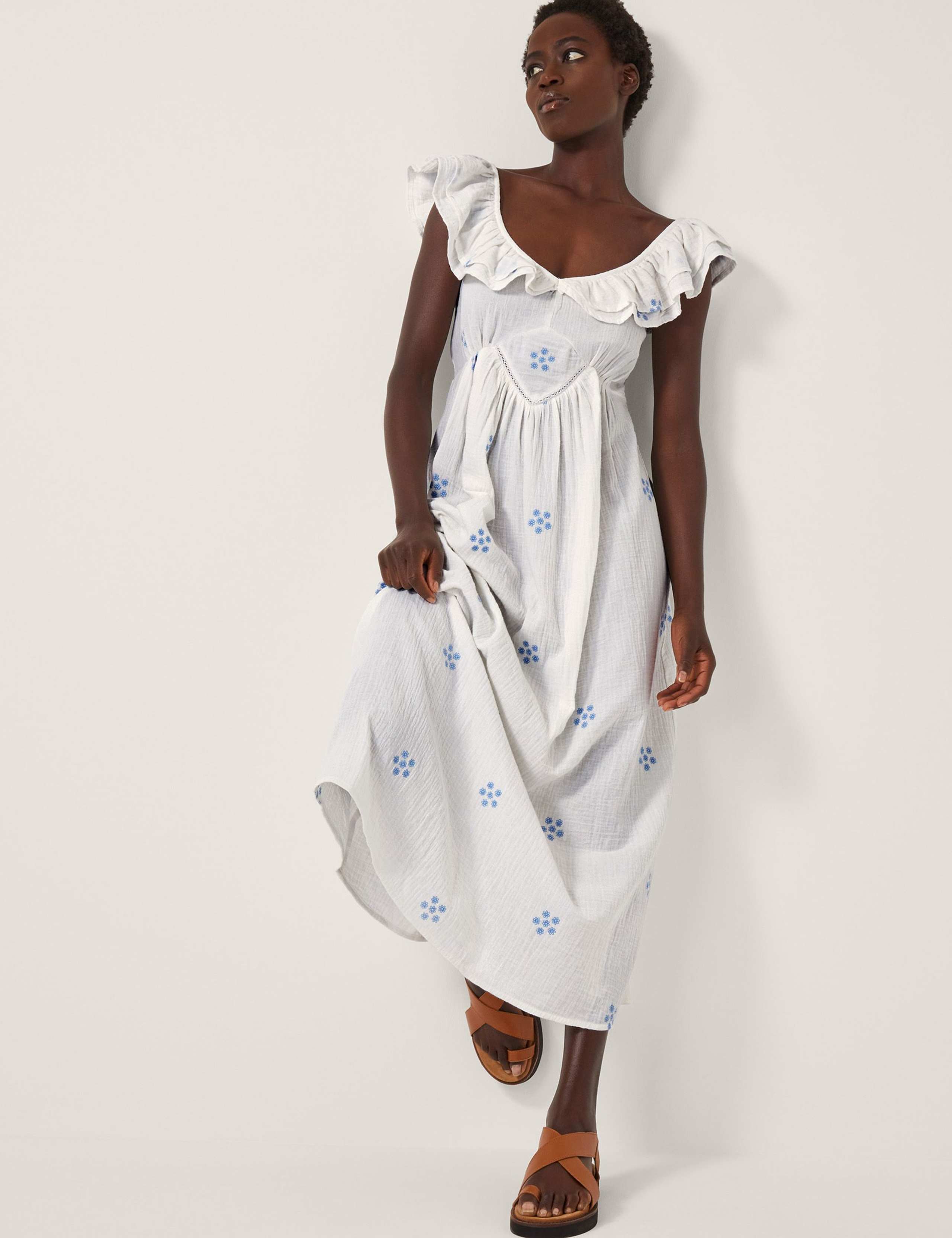 Pure Cotton Embroidered Daisy Midi Beach Dress