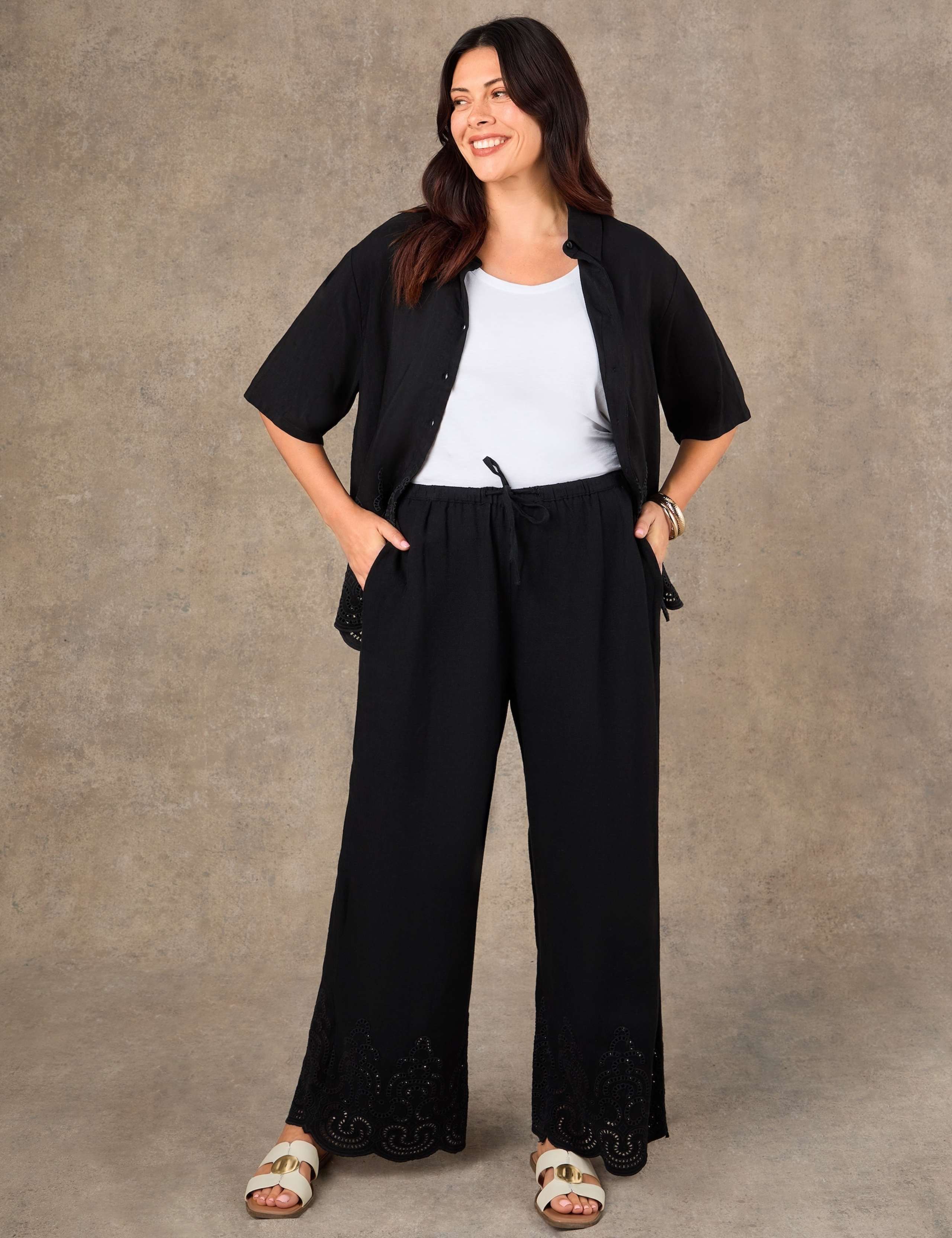 Linen Blend Broderie Wide Leg Trousers