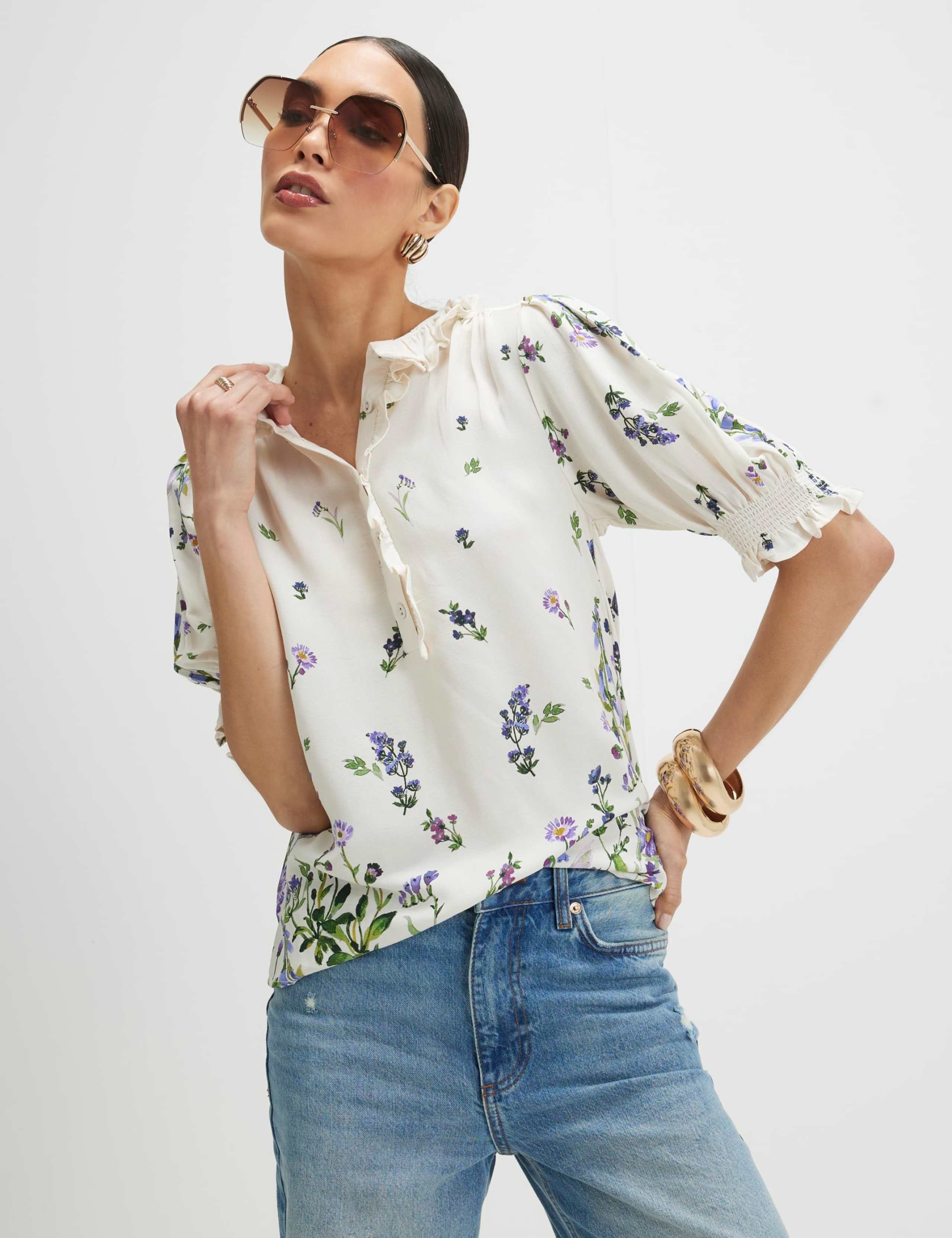 Floral Frill Neck Shirred Blouse