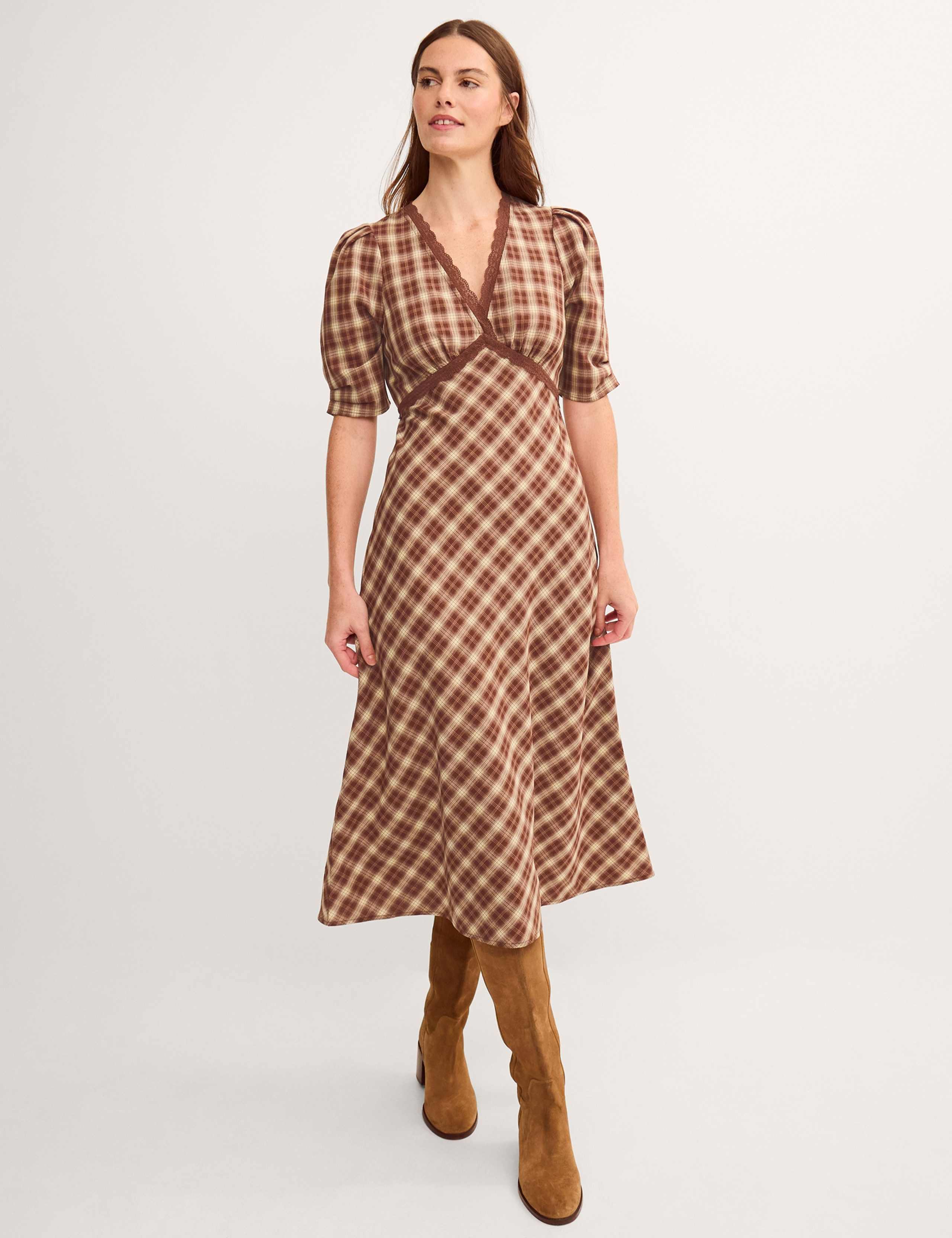 Checked V-Neck Midi Tea Dress