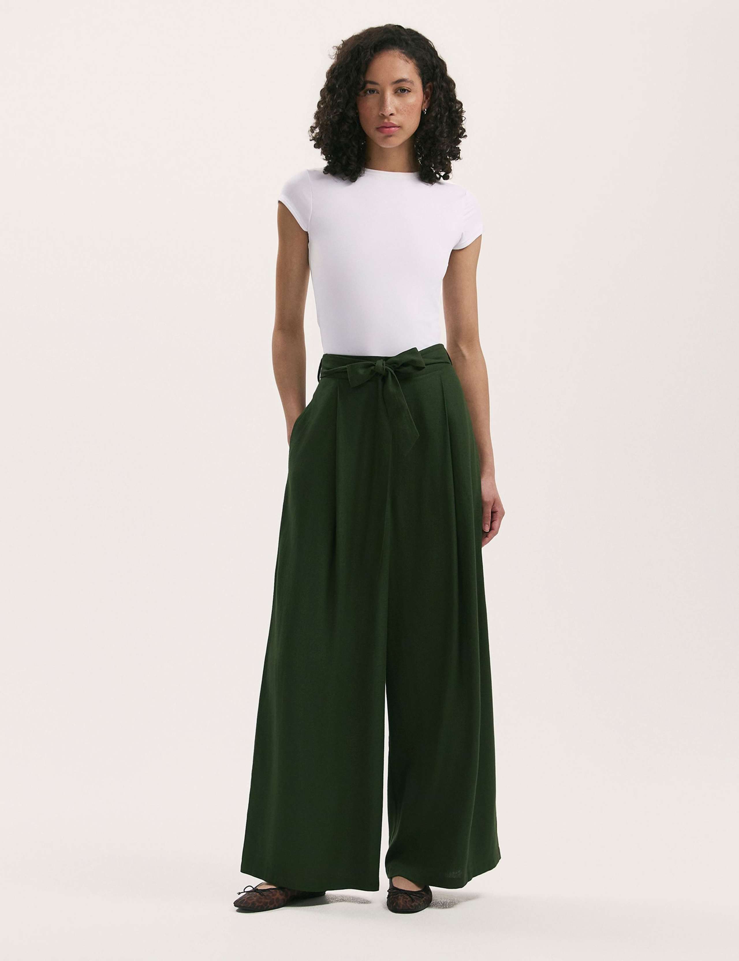 Linen Blend Belted Wide Leg Trousers