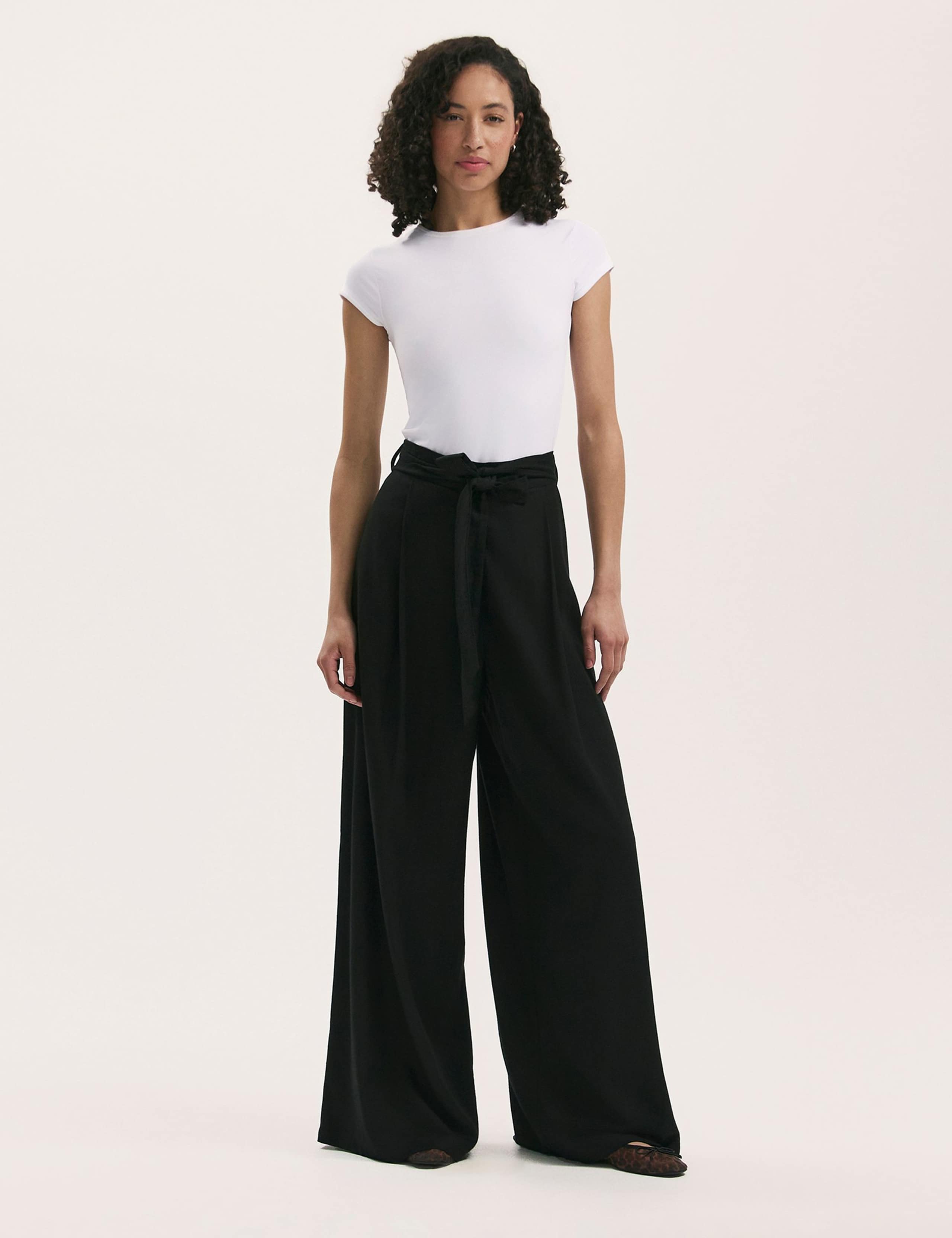 Linen Blend Belted Wide Leg Trousers