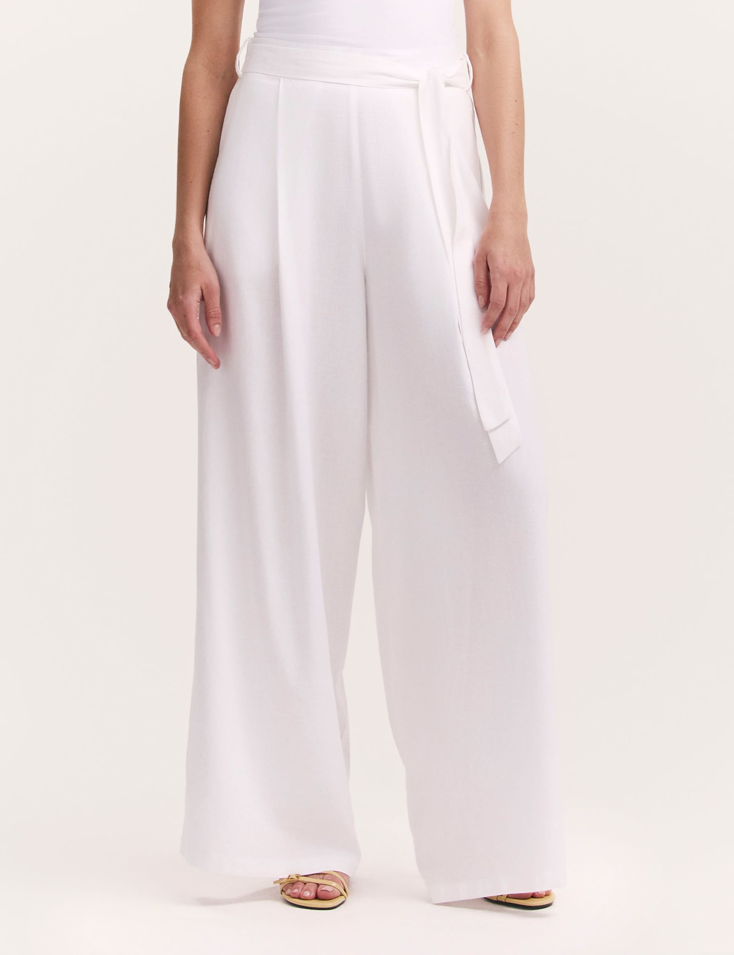 Linen Blend Belted Wide Leg Trousers