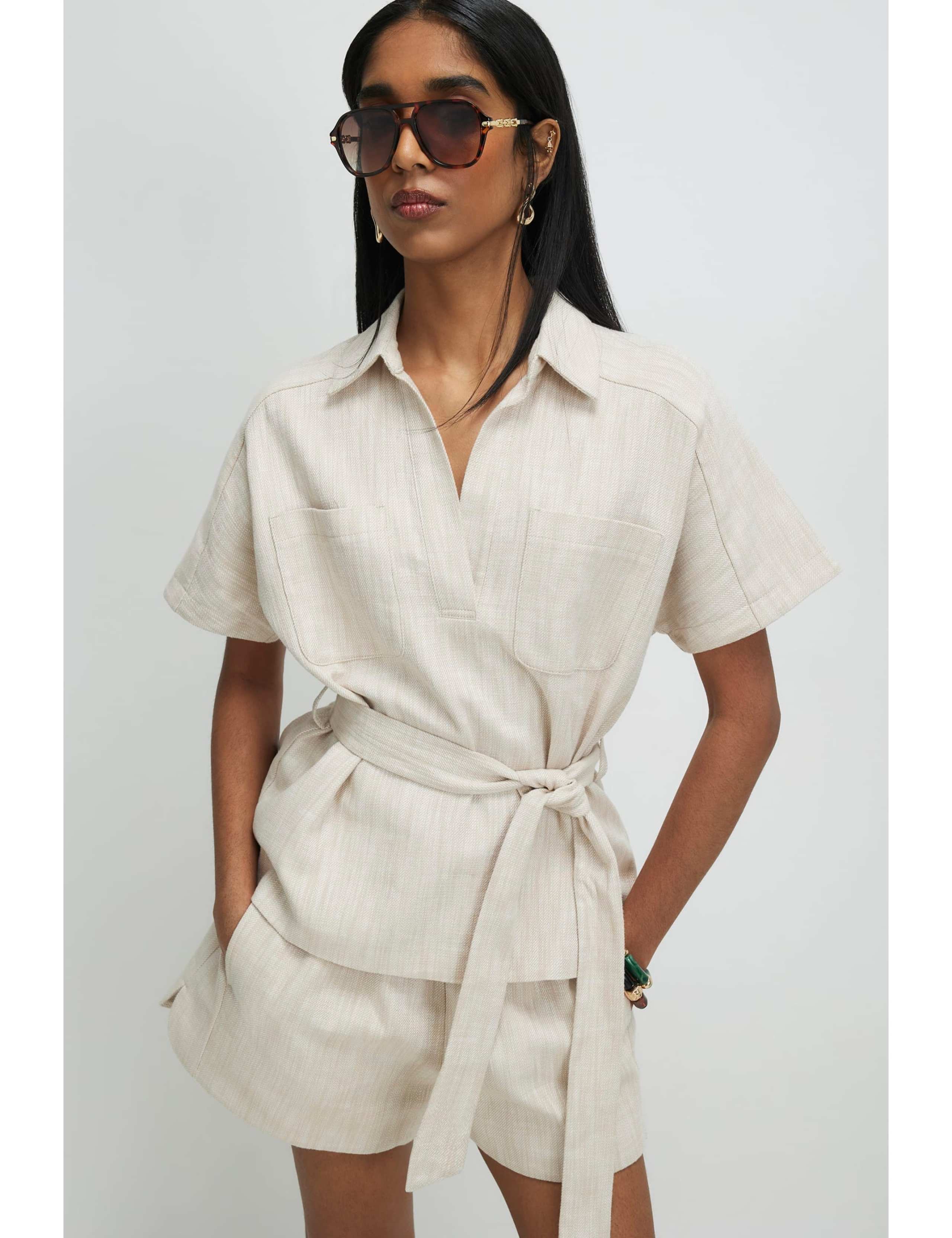 Pure Cotton Collared Belted Blouse