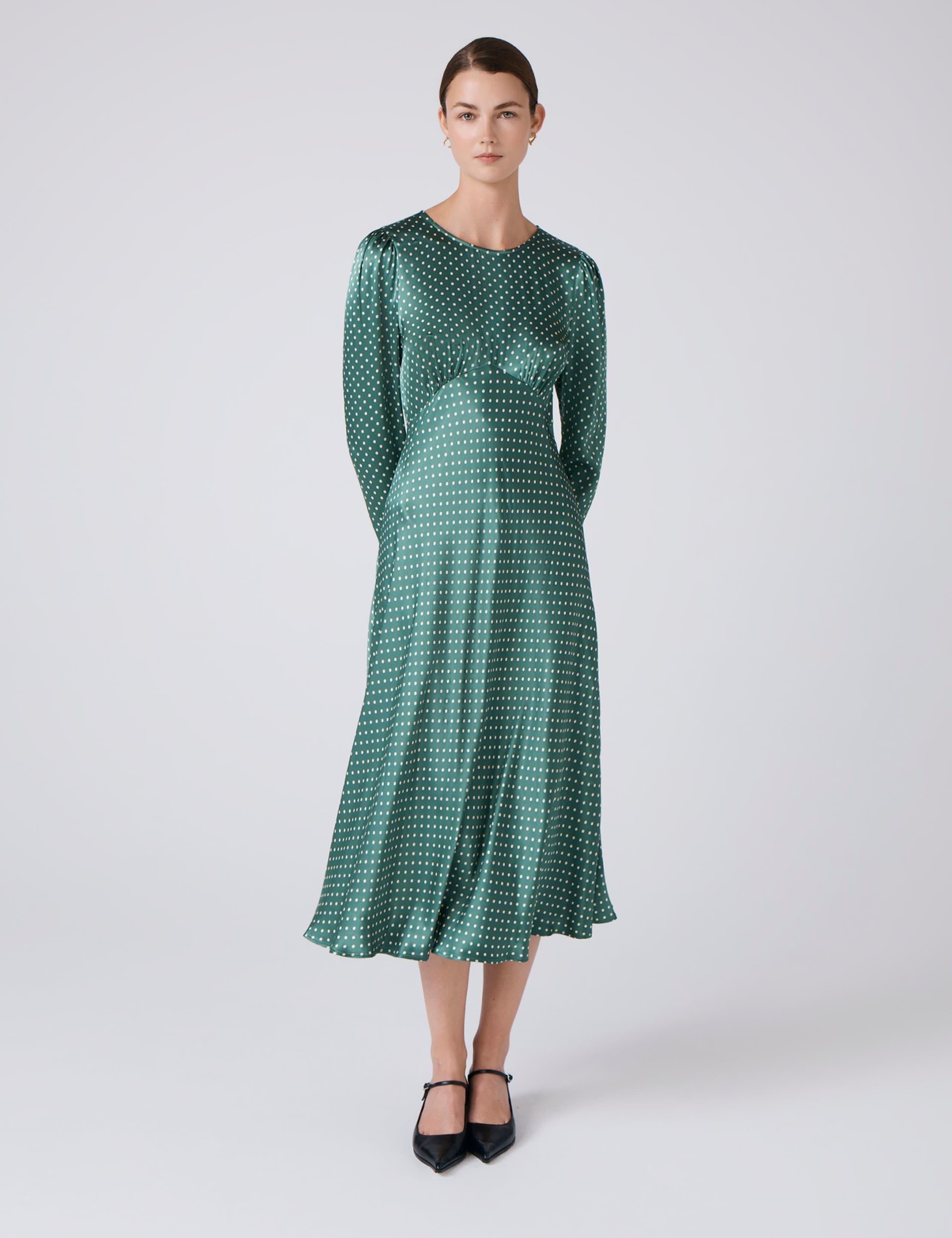 Satin Polka Dot Round Neck Midi Skater Dress