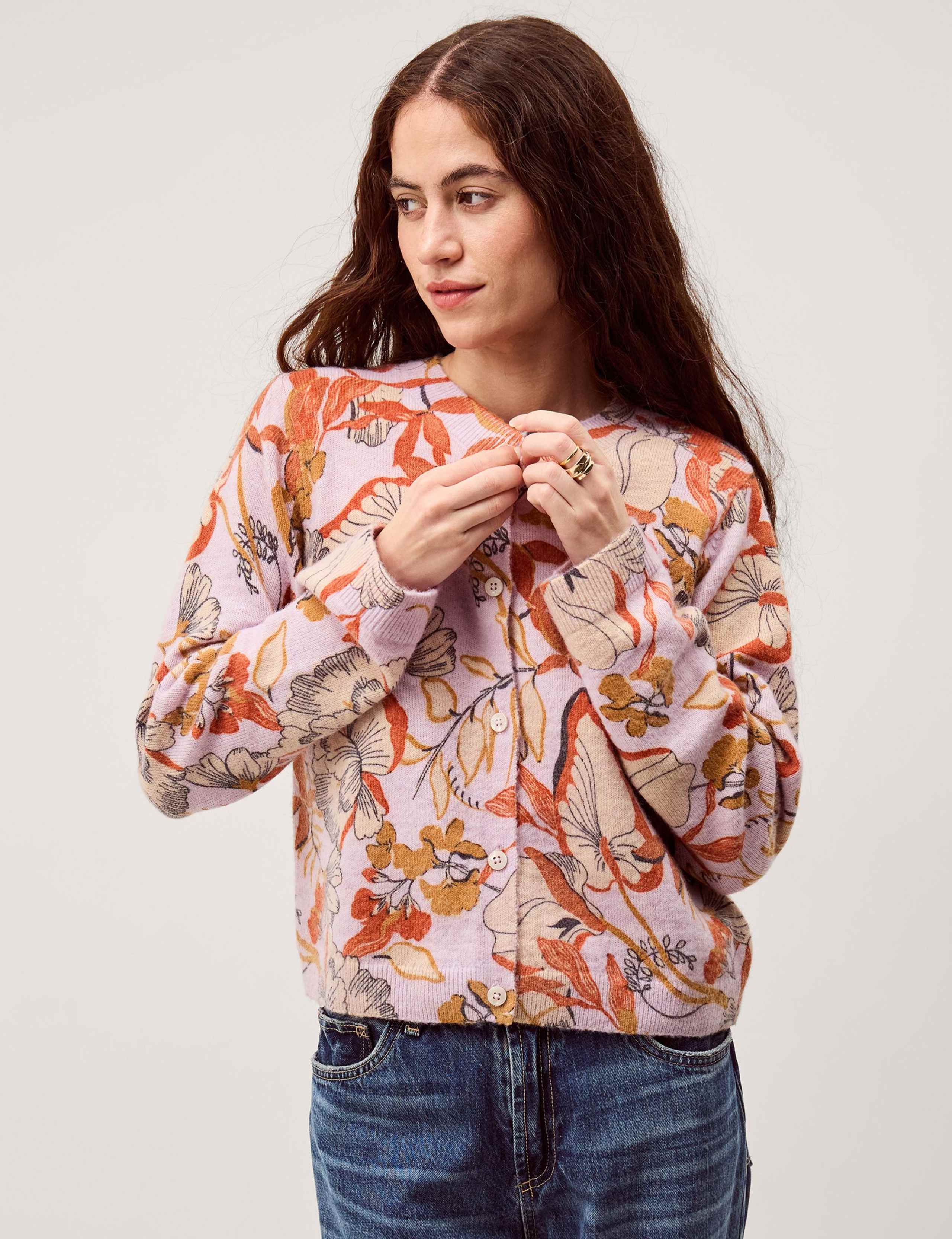 Floral Crew Neck Button Front Cardigan