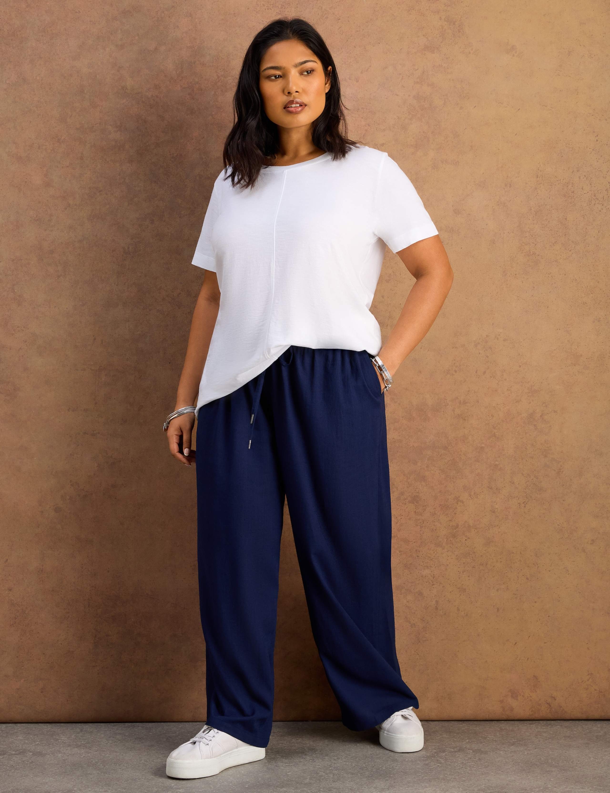 Linen Blend Drawstring Wide Leg Trousers