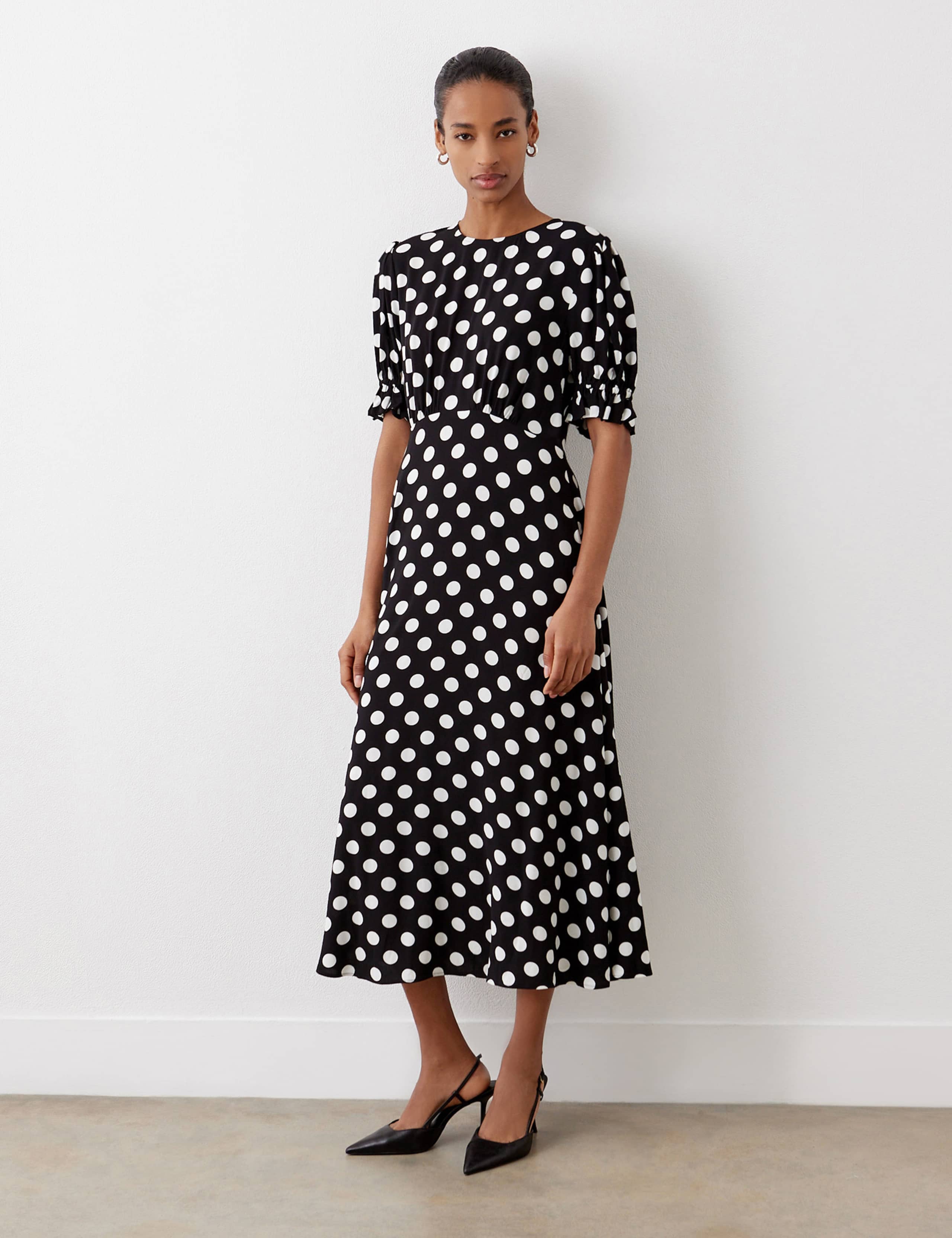 Polka Dot Puff Sleeve Midi Waisted Dress