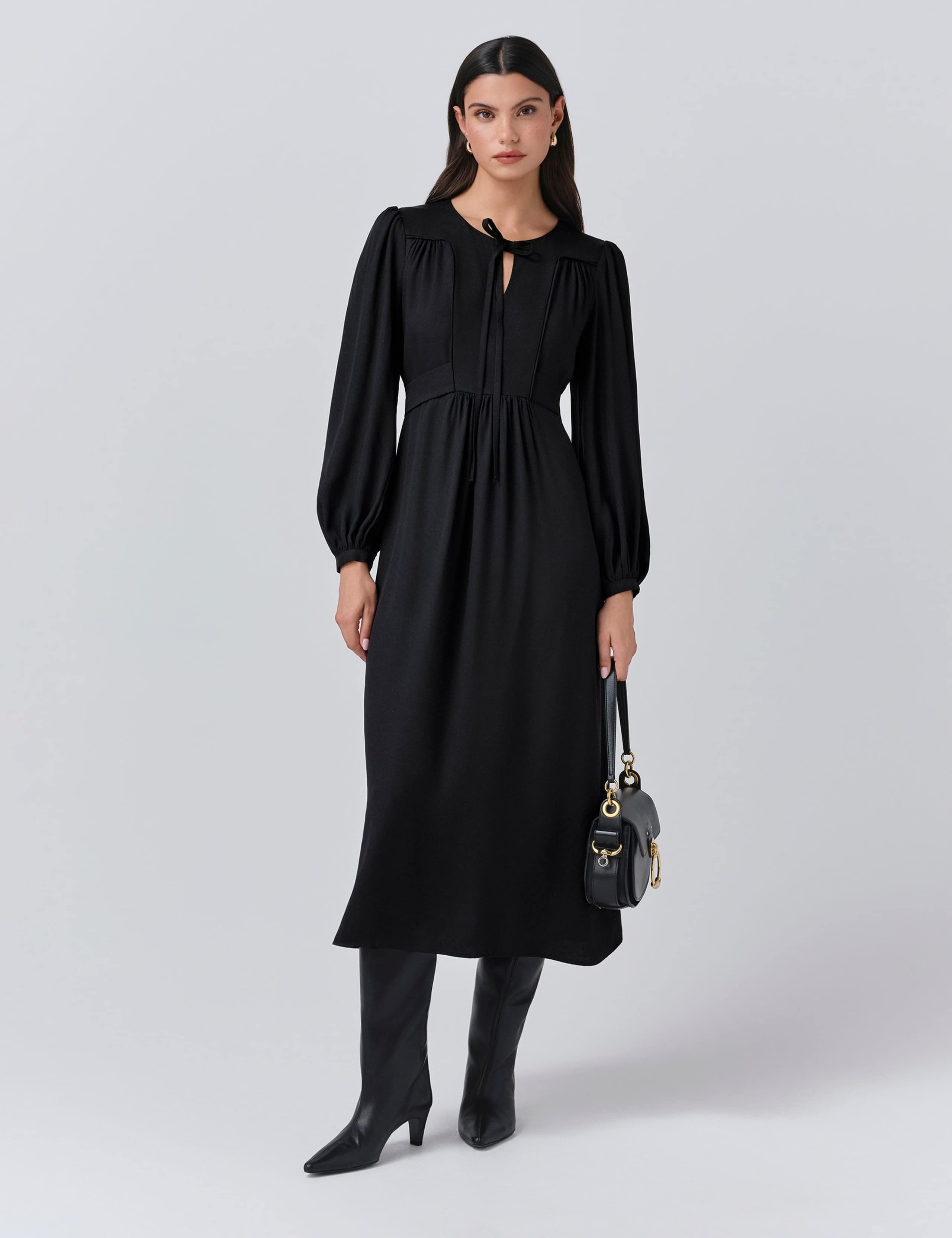 Crepe Tie Neck Midi Smock Dress