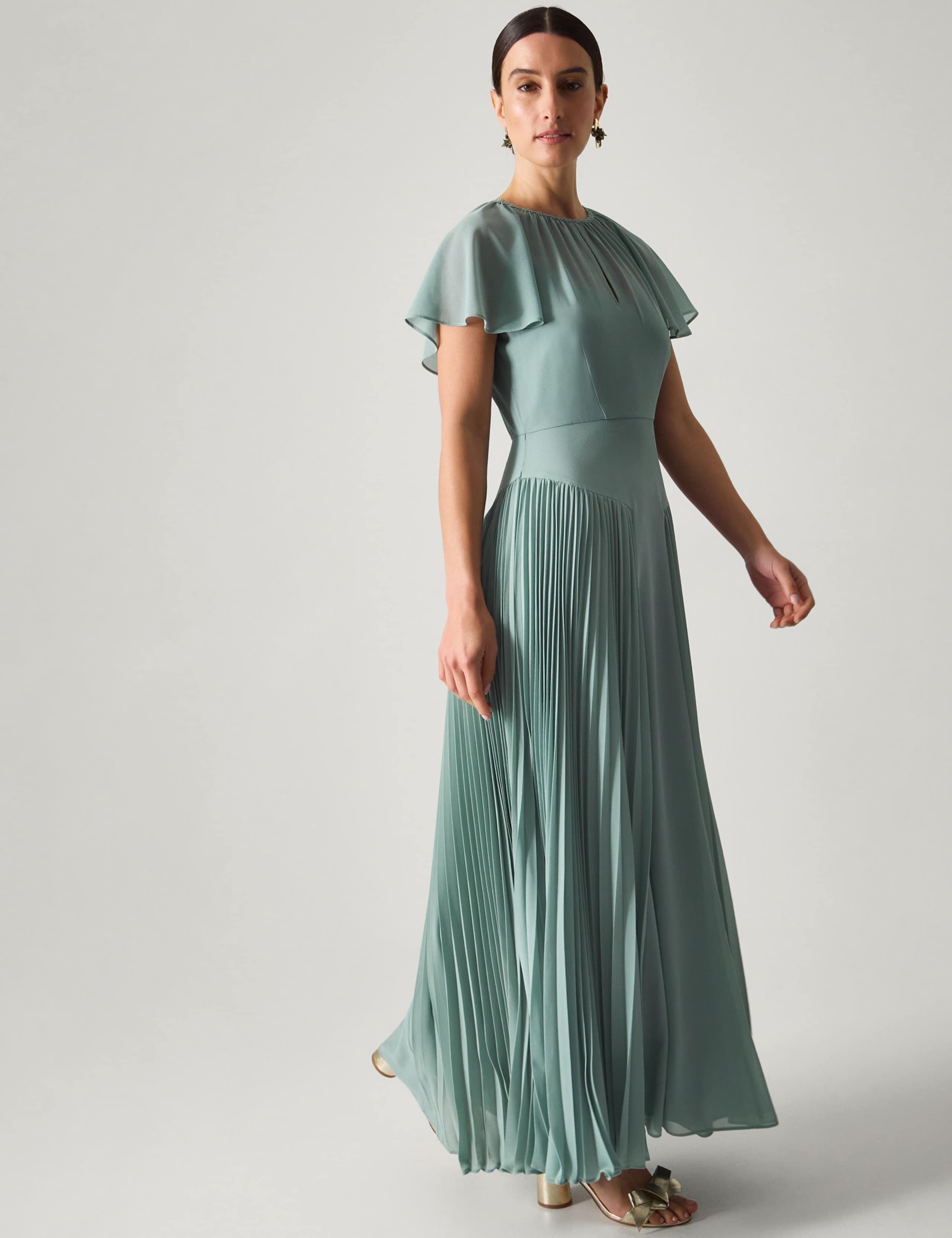 Pleated Angel Sleeve Maxi Skater Dress