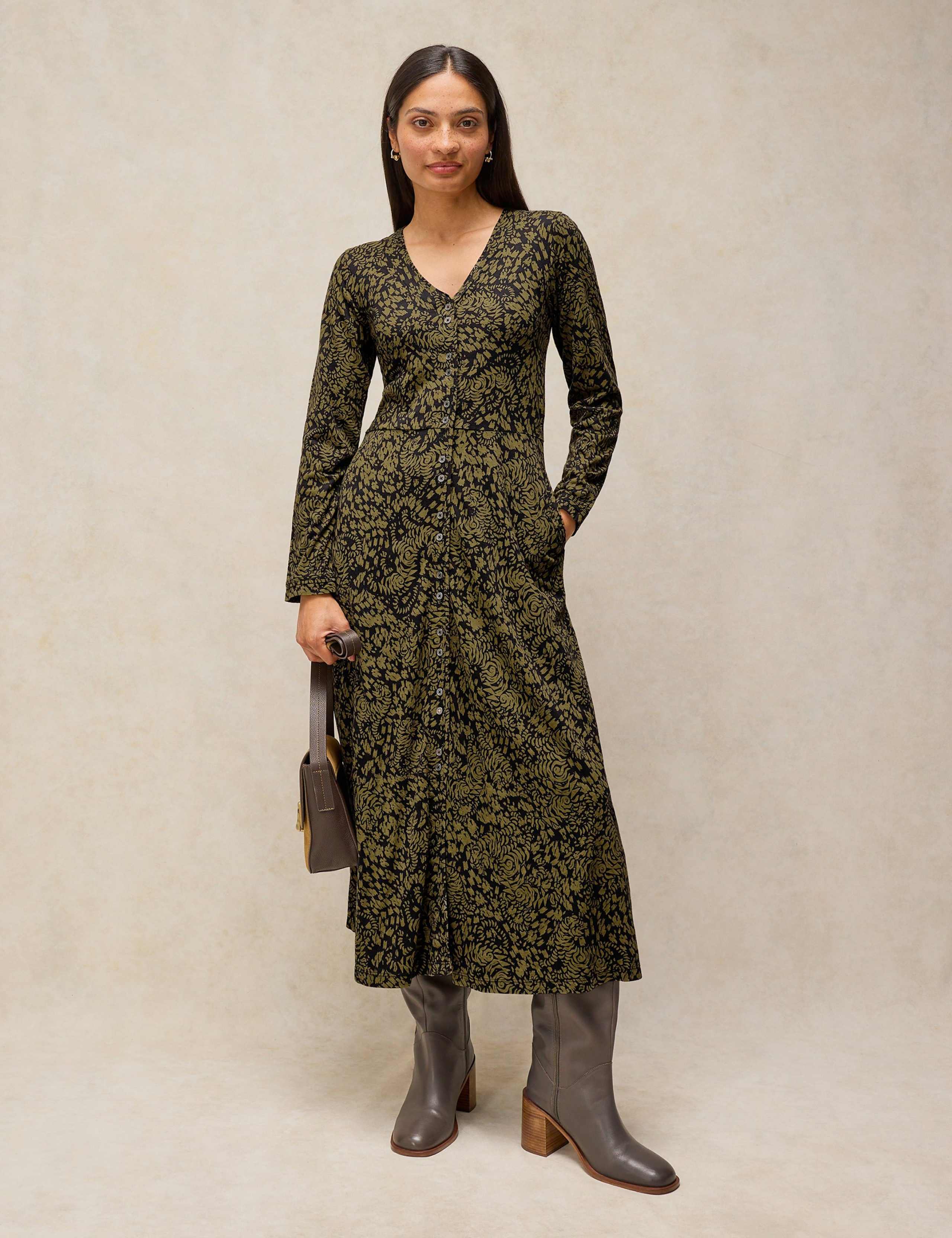 Pure Cotton Button Through V Neck Midi Dress