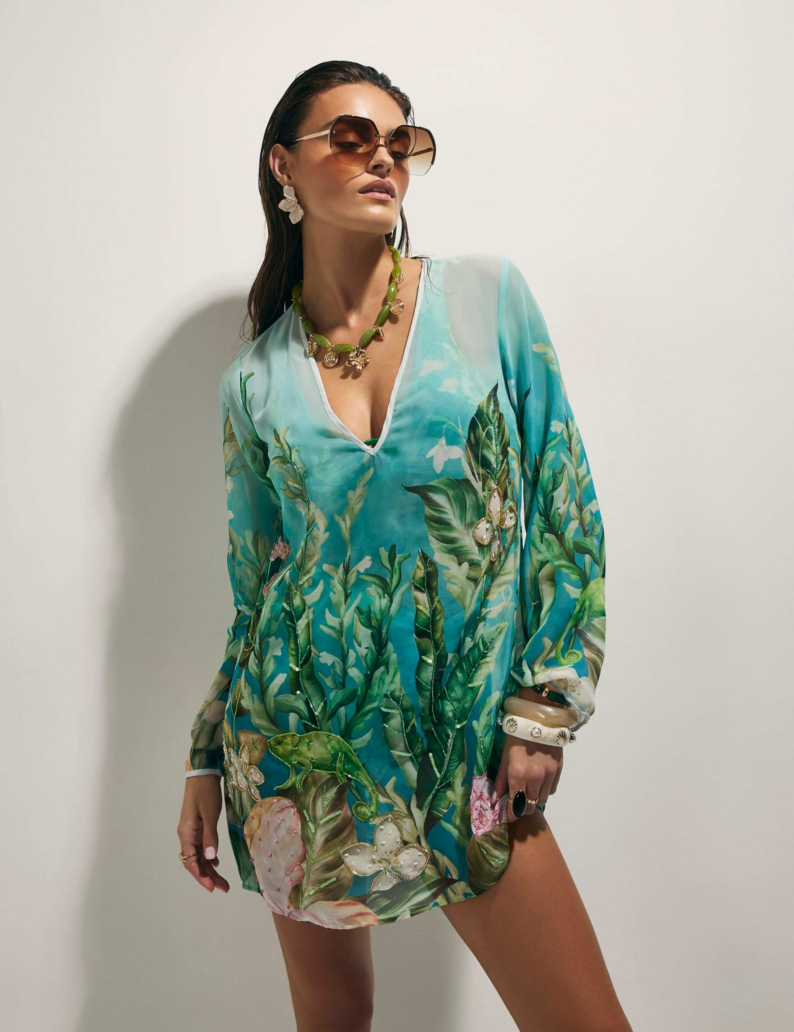Sheer Sequin Floral Embellished V-Neck Tunic