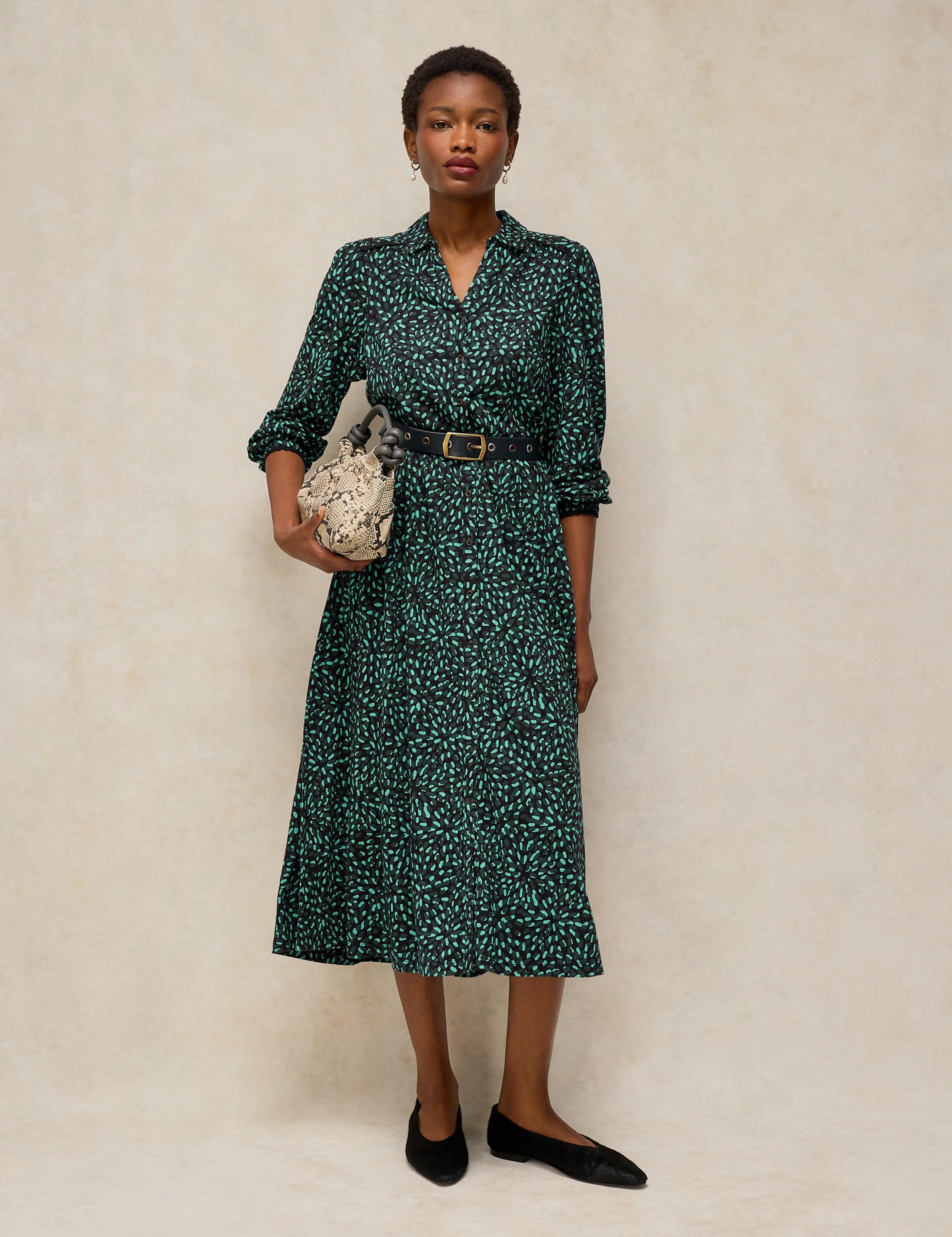 Cotton Blend Collared Patterned Midi Dress