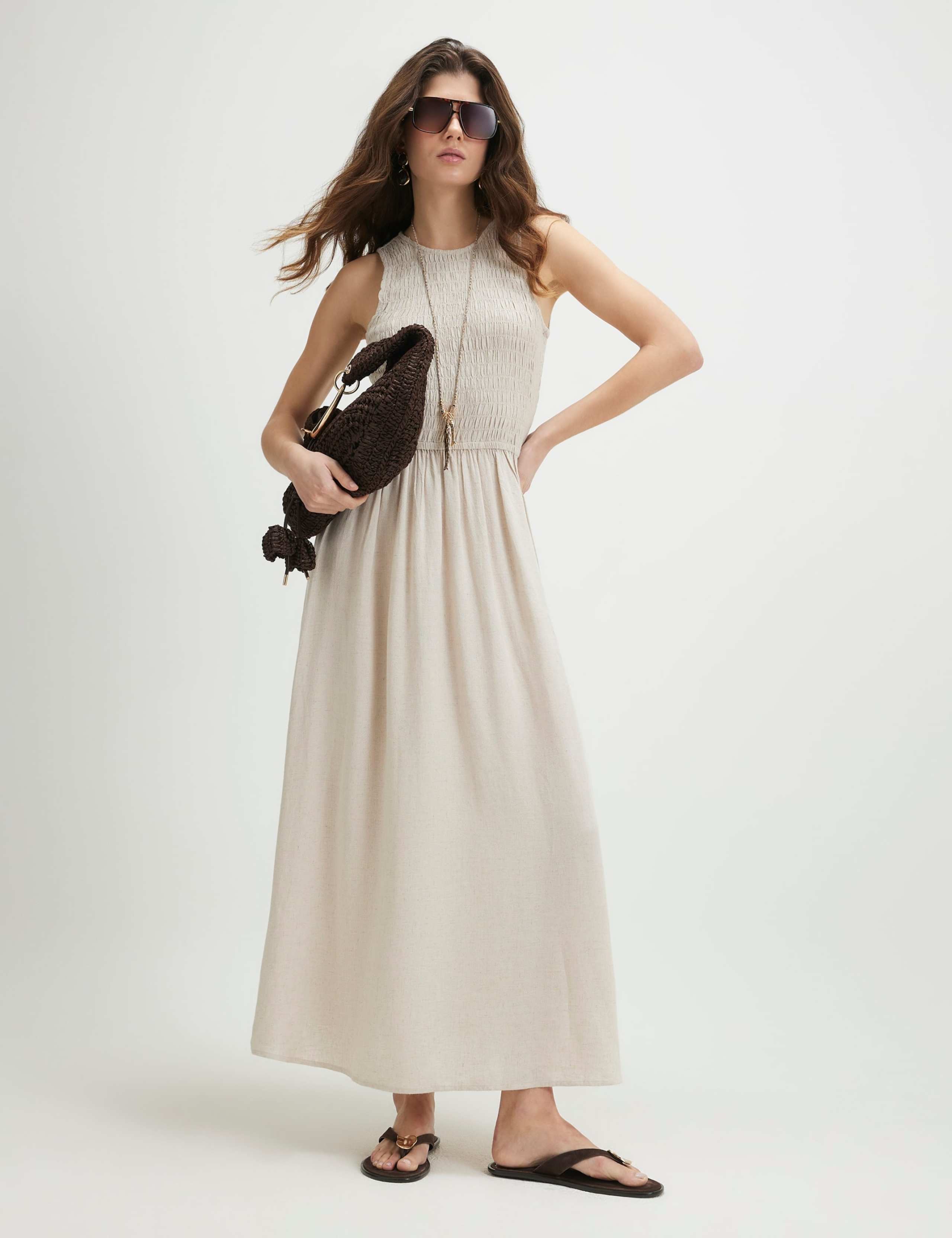 Textured Midi Shirred Dress with Linen