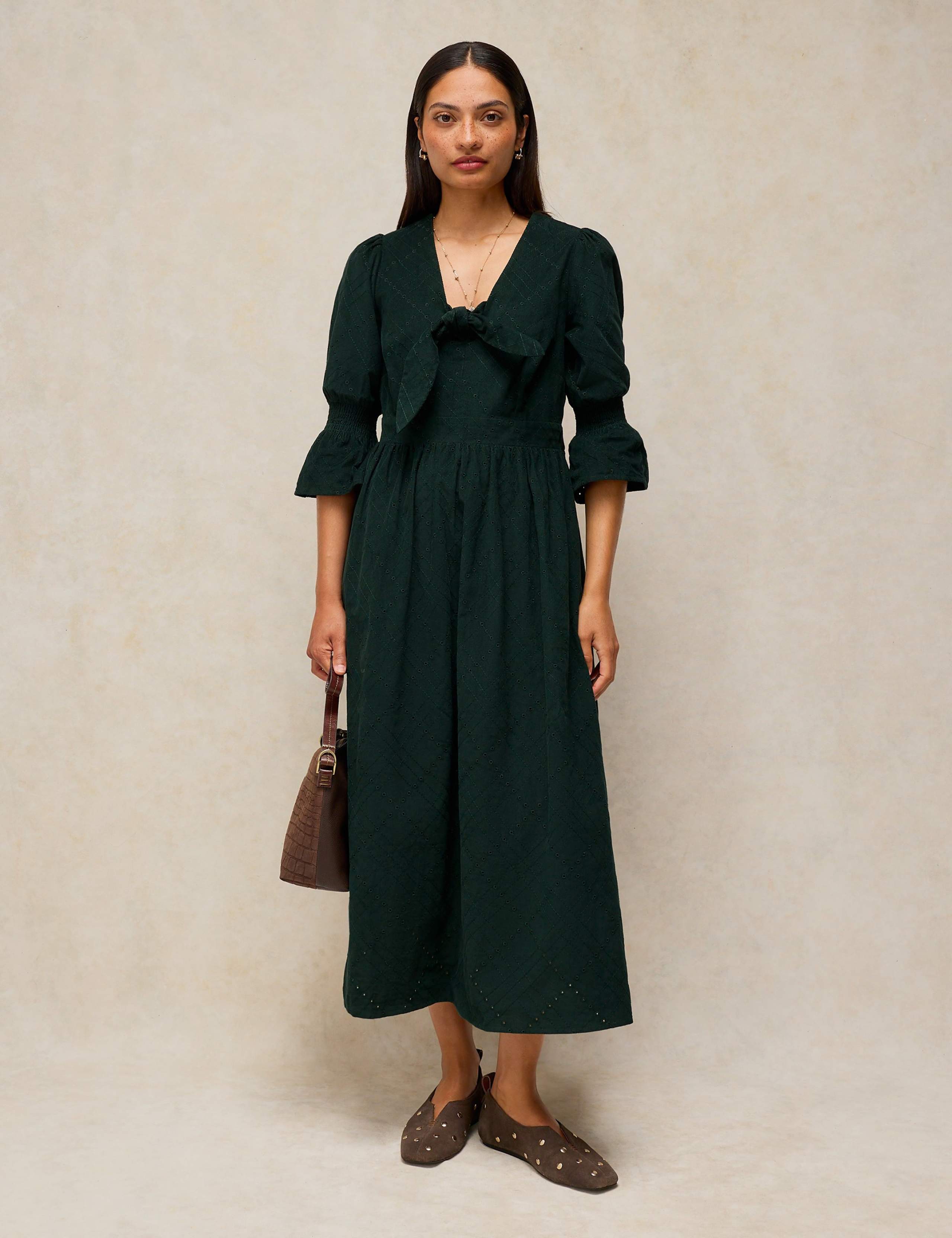 Pure Cotton Patterned Tie Neck Knotted Midi Dress