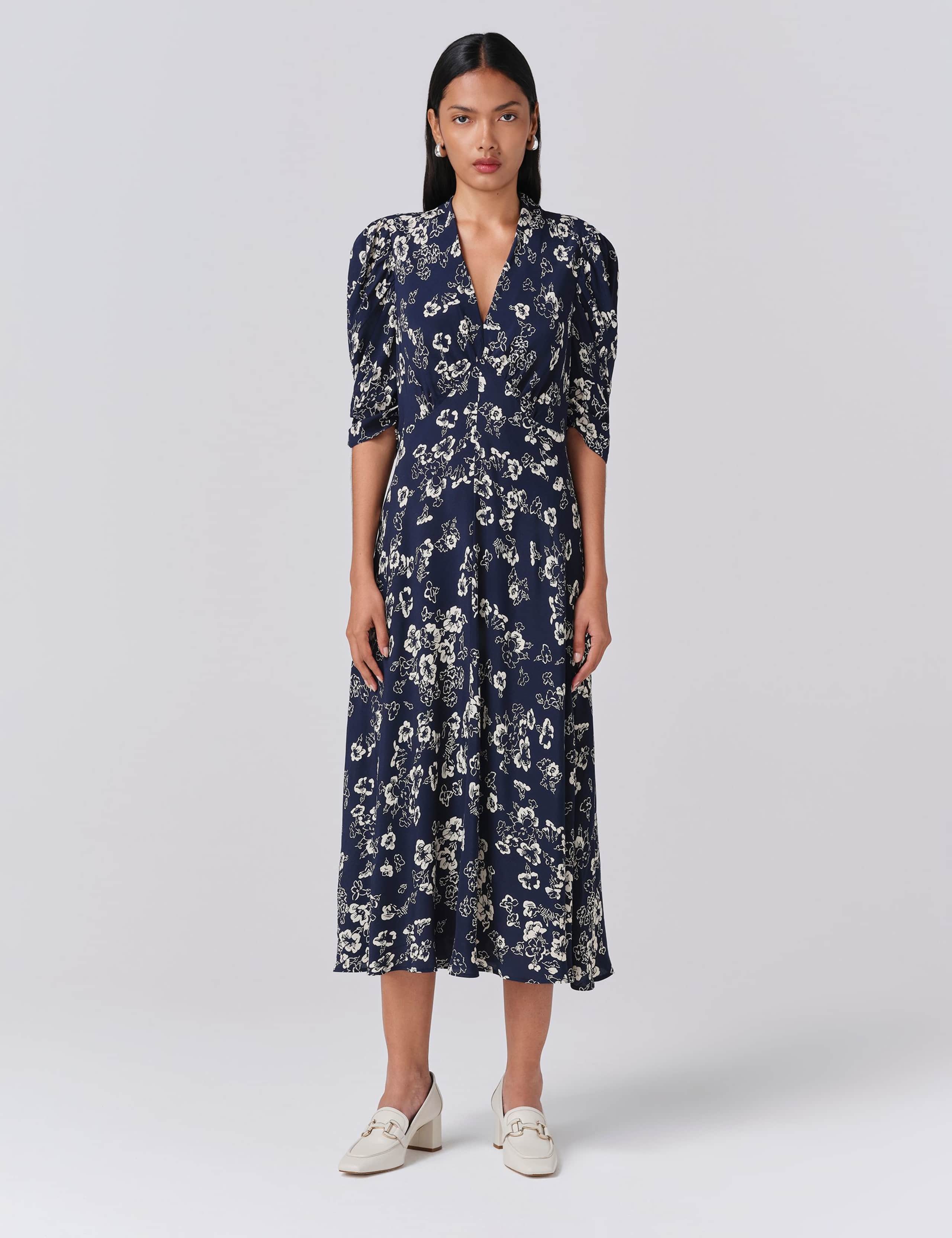 Crepe Floral V-Neck Midi Wrap Dress