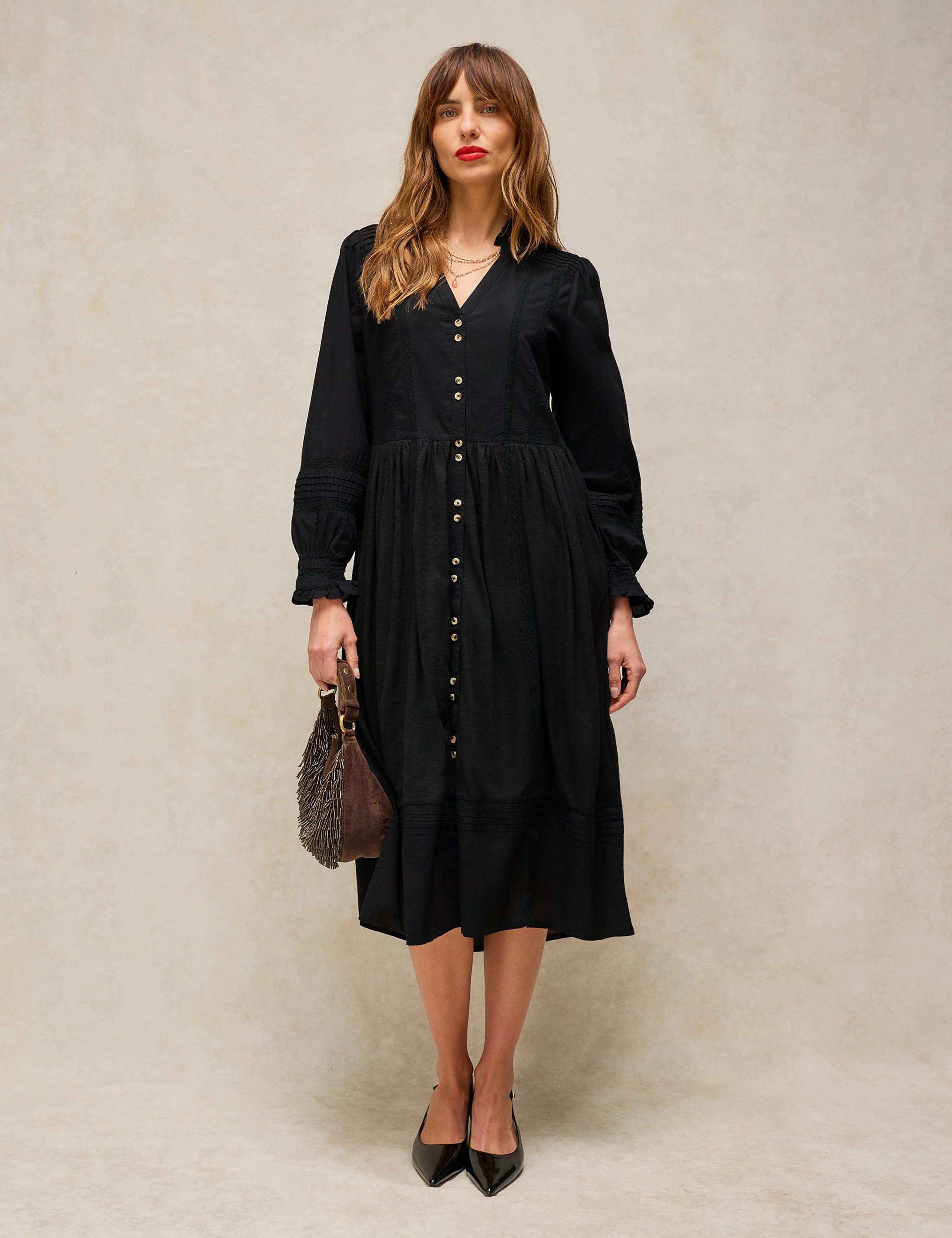 Cotton Blend Notch Neck Knee Length Dress