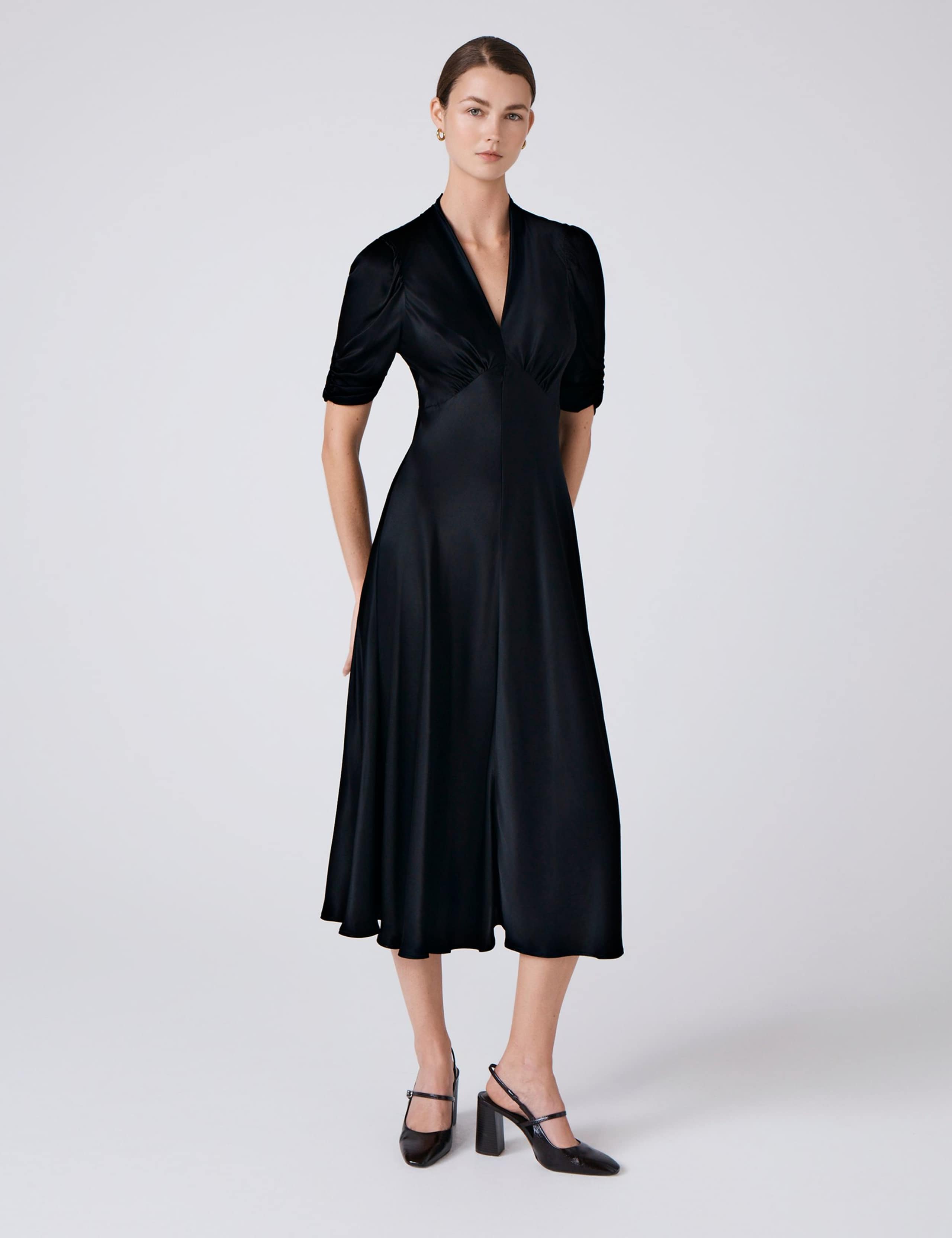 Satin V-Neck Midi Tea Dress