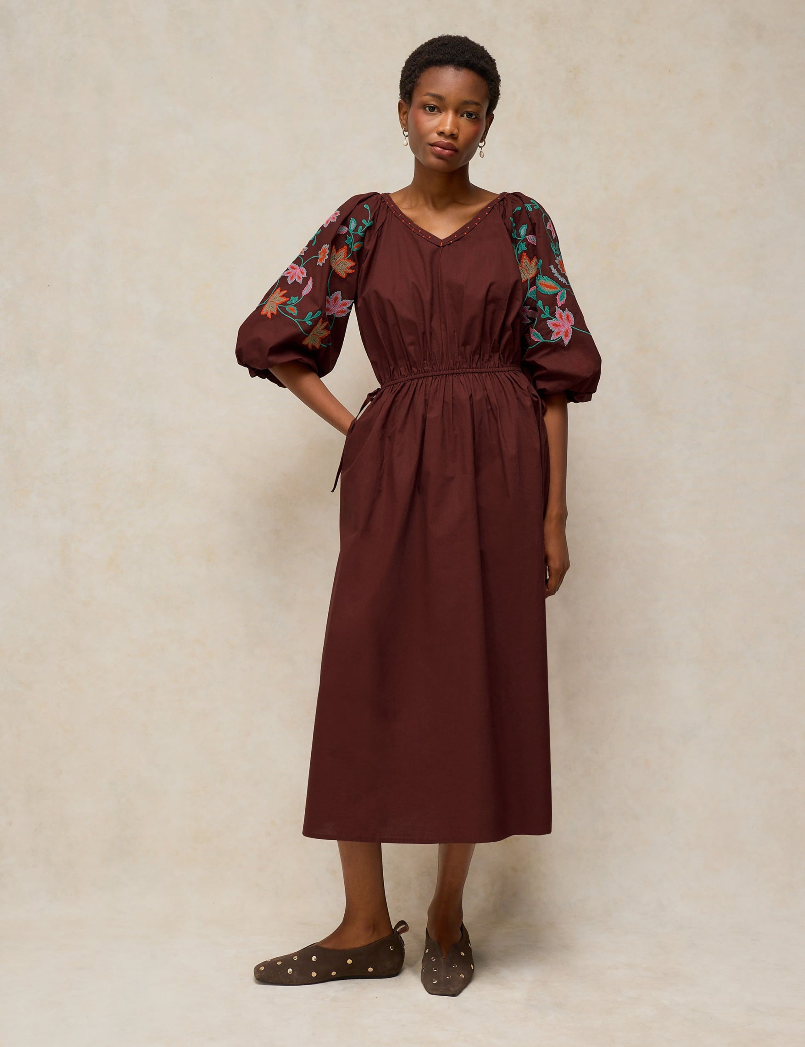 Pure Cotton Embroidered V Neck Midi Dress