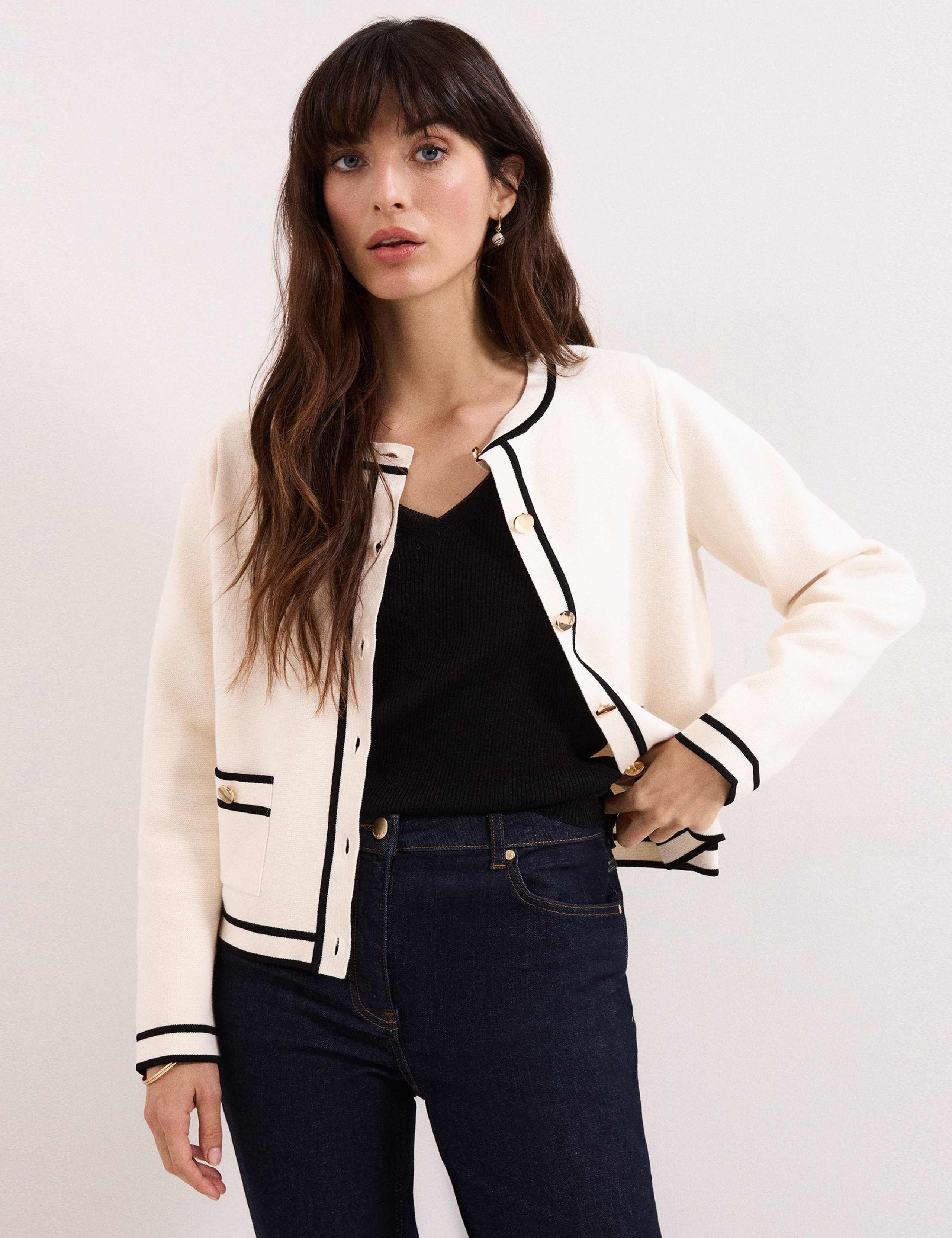 Cotton Rich Crew Neck Tipped Detail Cardigan