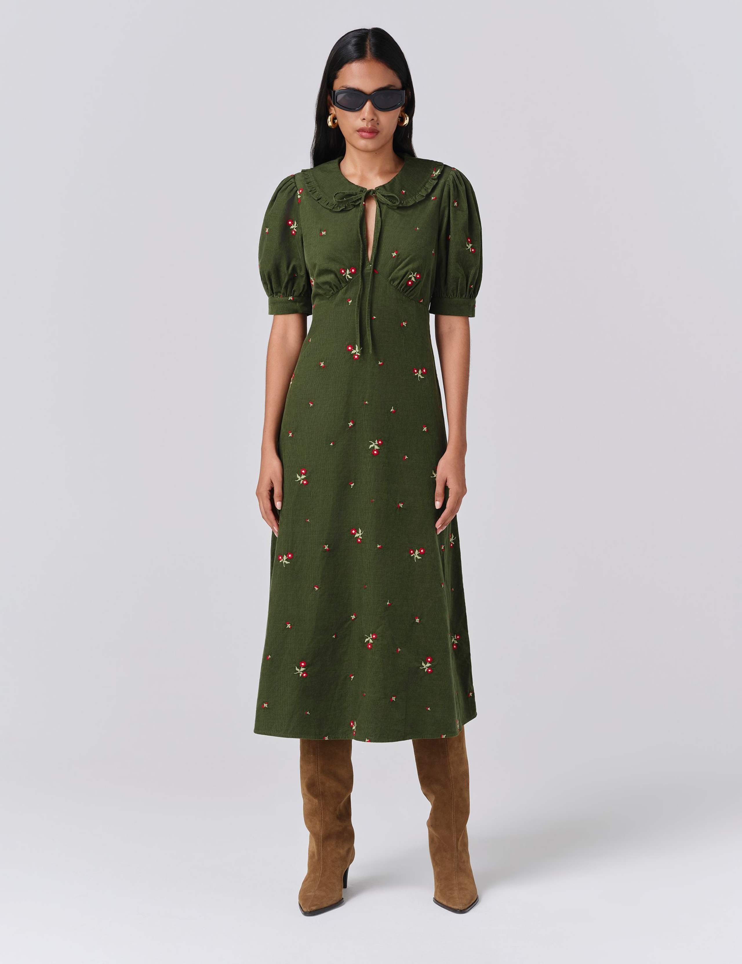Pure Cotton Cord Embroidered Tie Neck Dress