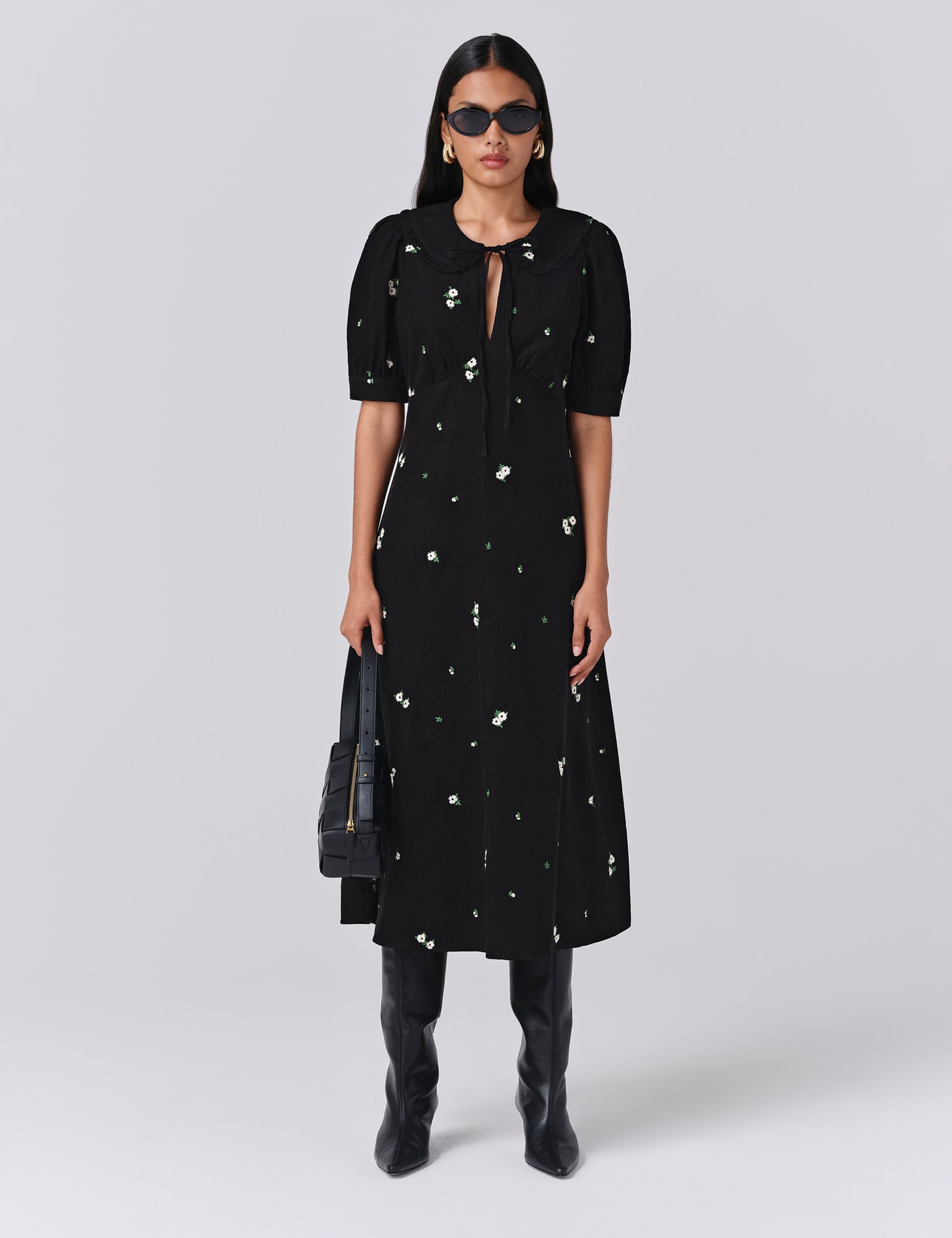 Pure Cotton Cord Embroidered Tie Neck Dress