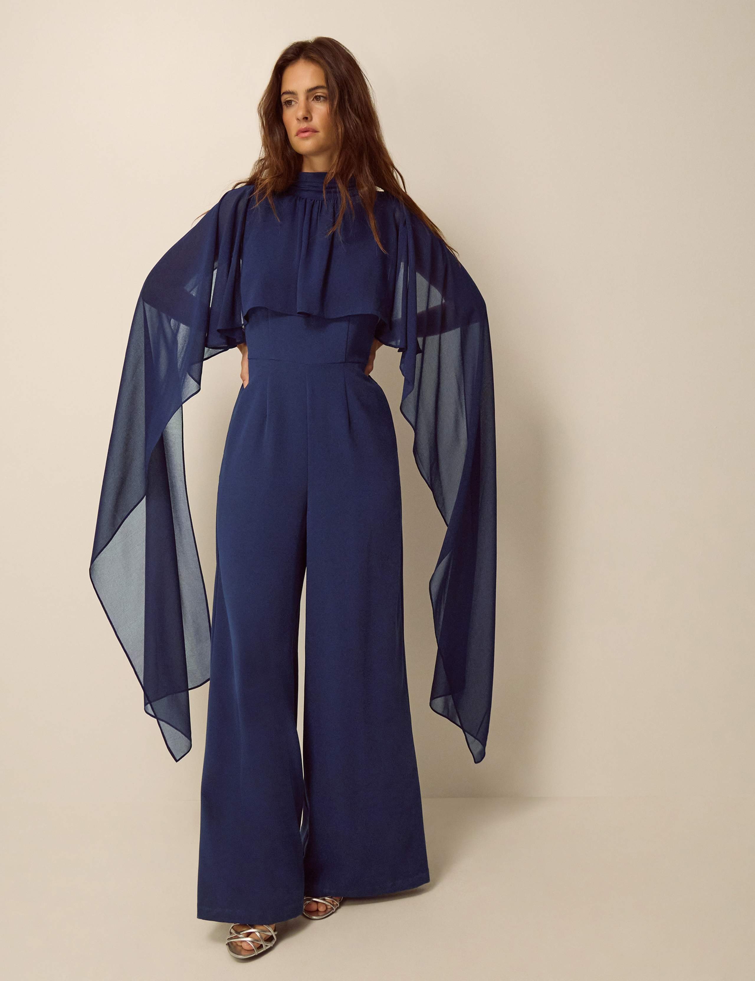High Neck Cape Detail Waisted Jumpsuit