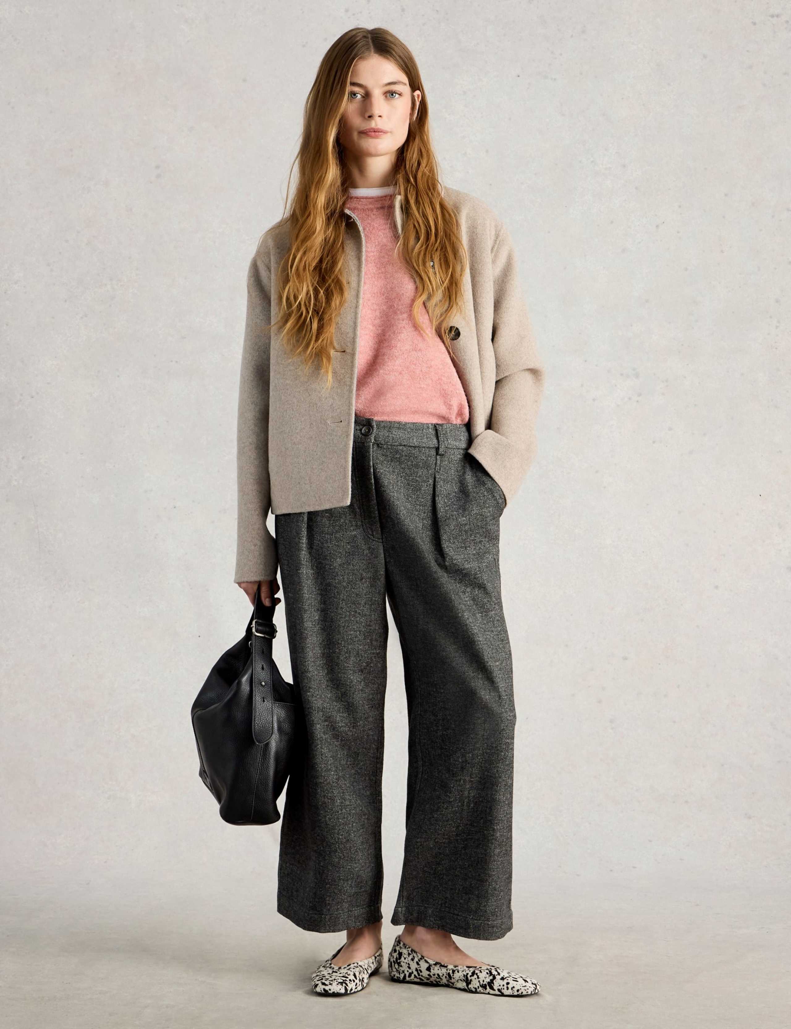 Tweedy Wide Leg Cropped Trousers with Wool