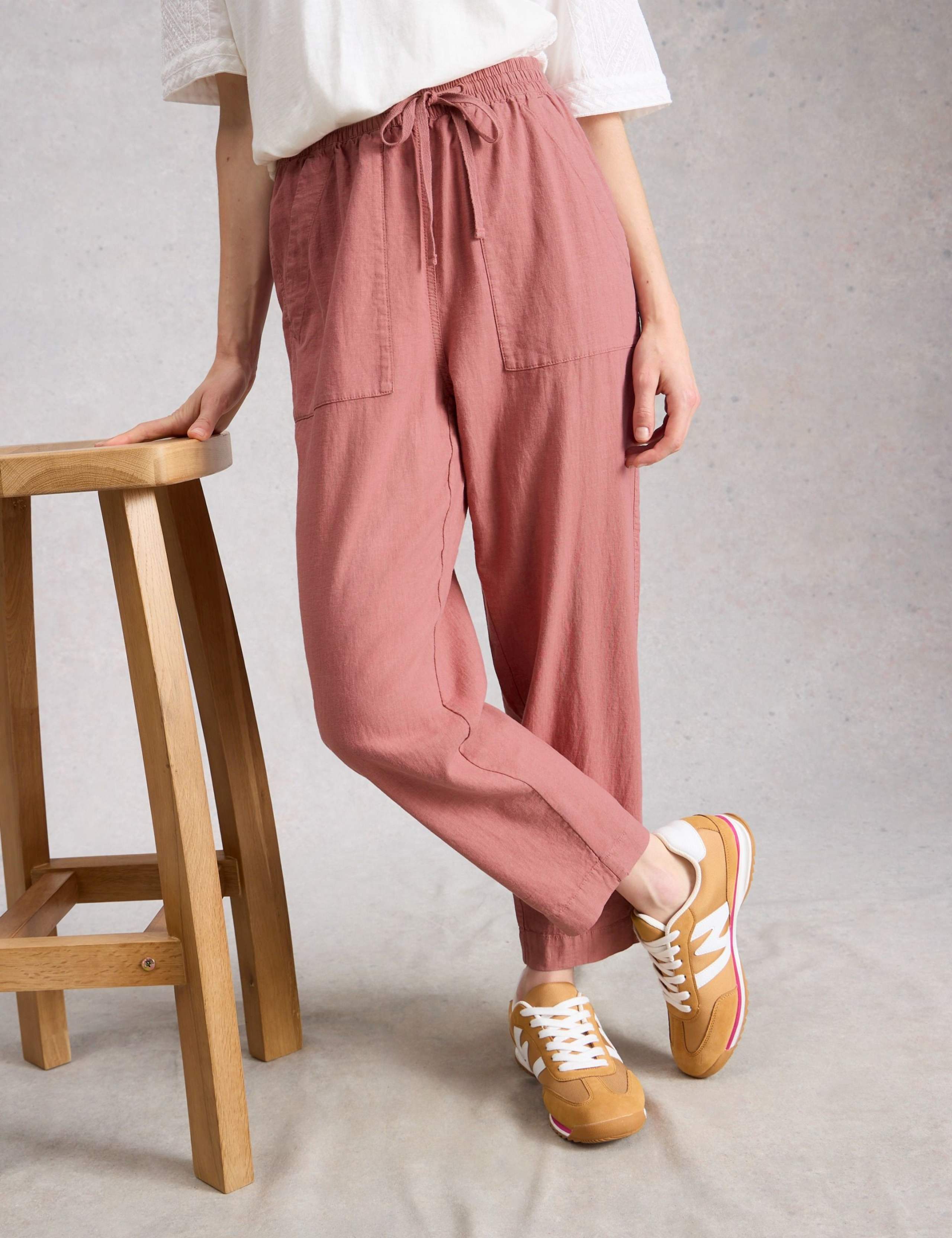 Linen Blend Leaf Print Tapered Trousers