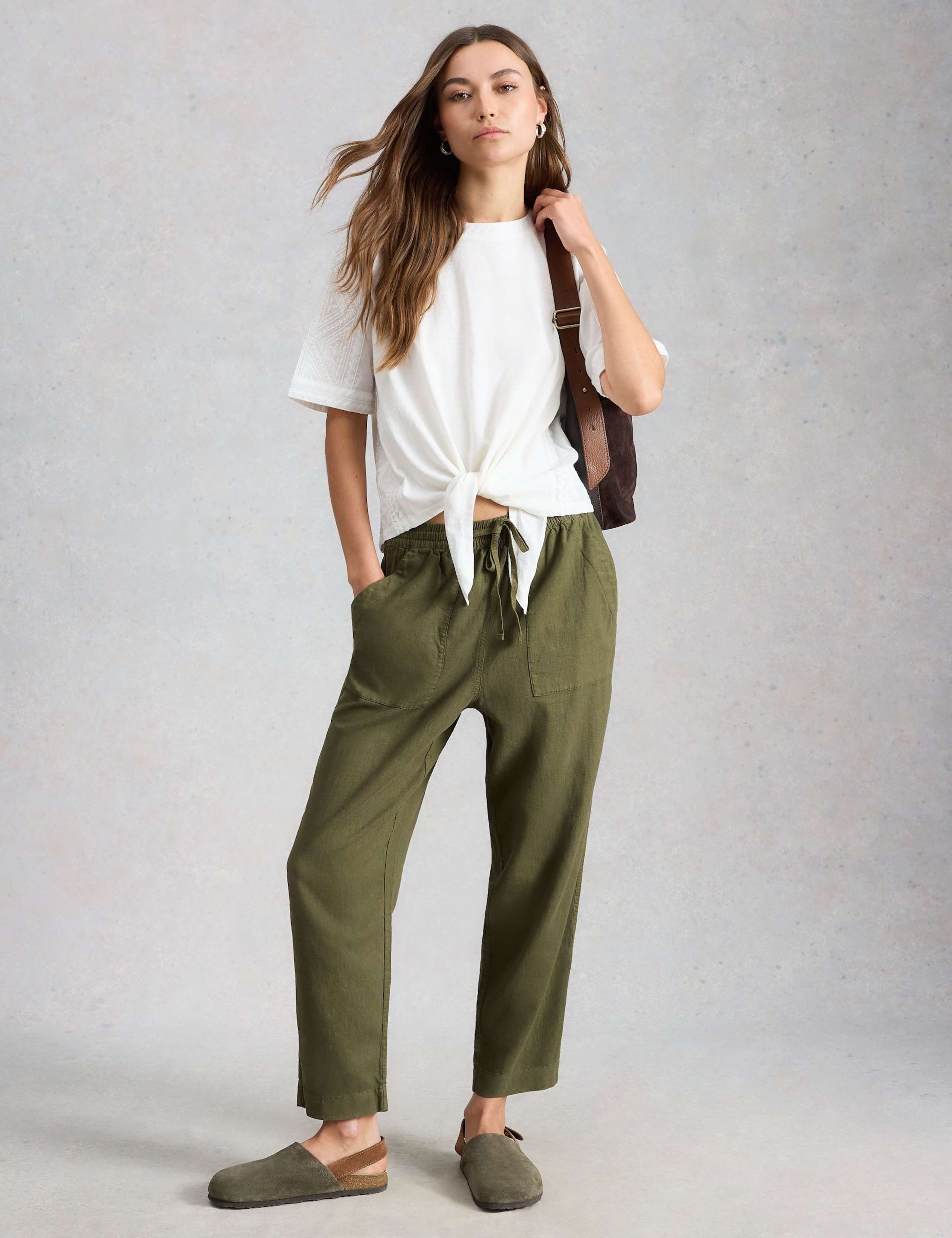 Linen Blend Leaf Print Tapered Trousers