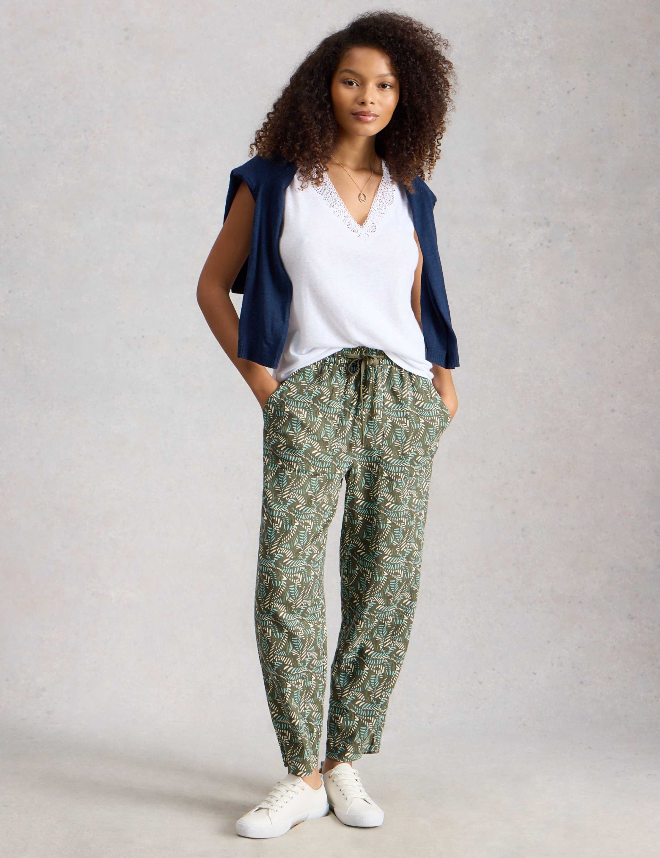 Linen Blend Leaf Print Tapered Trousers