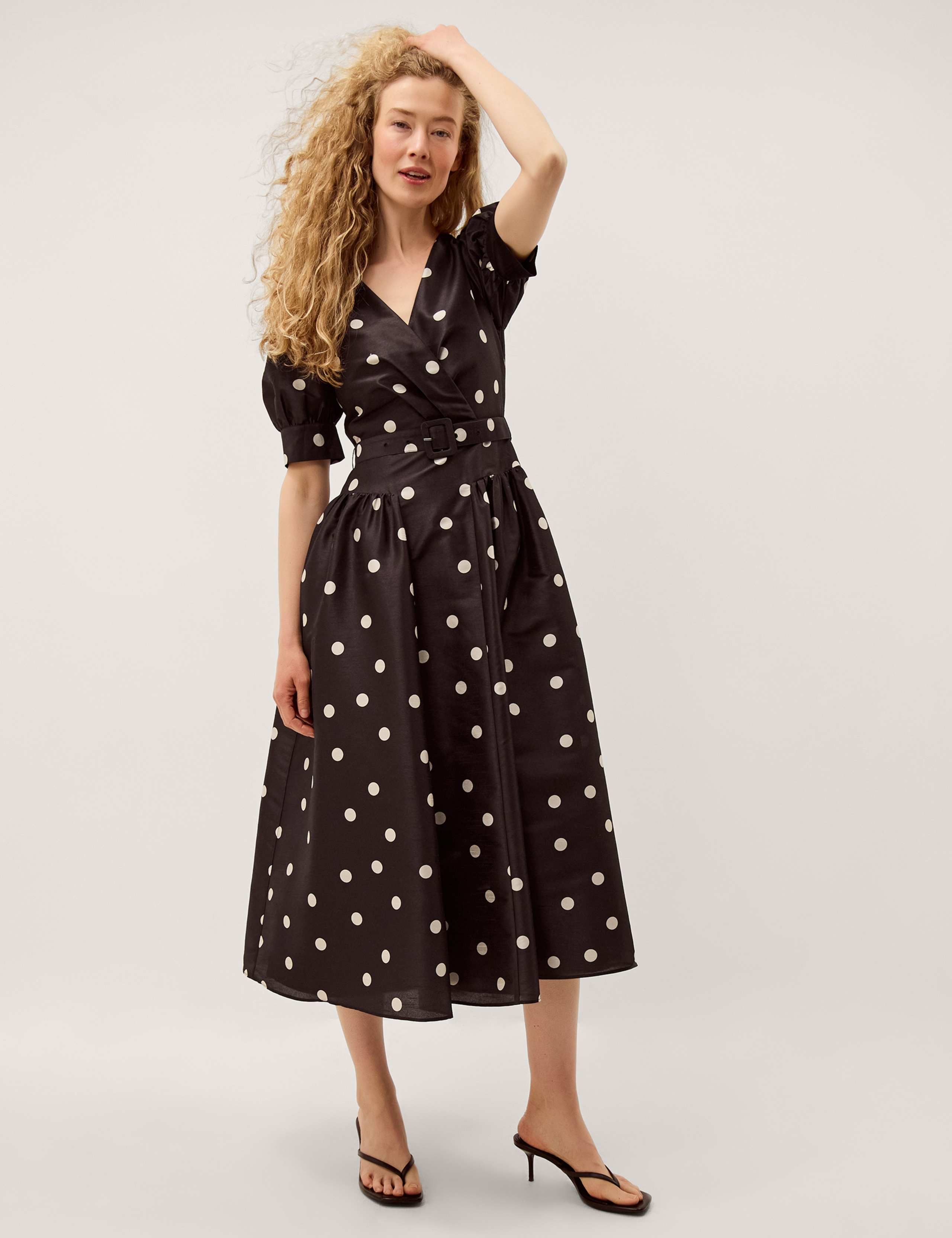 Polka Dot V-Neck Belted Midi Tea Dress