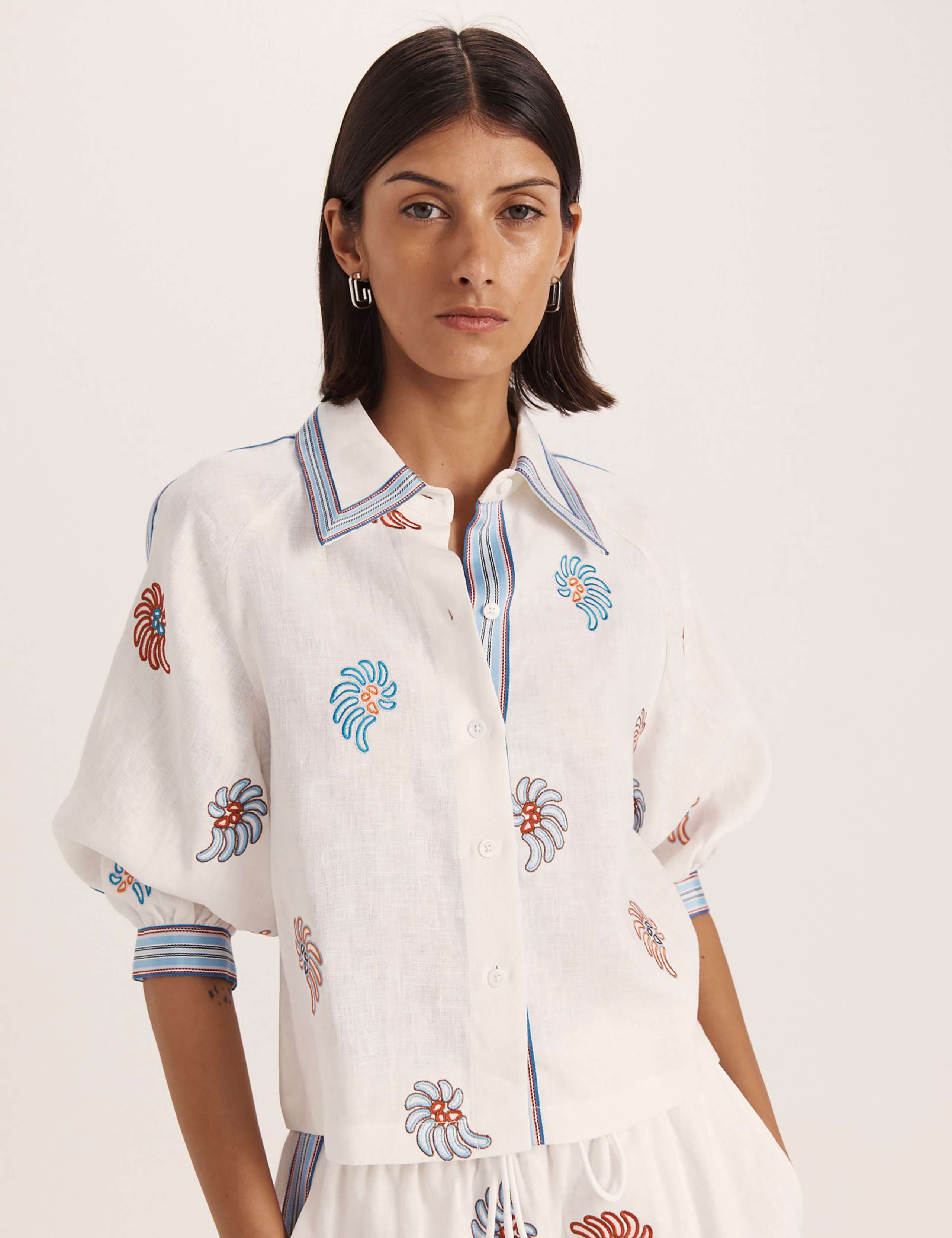 Pure Linen Floral Embroidery Beach Shirt
