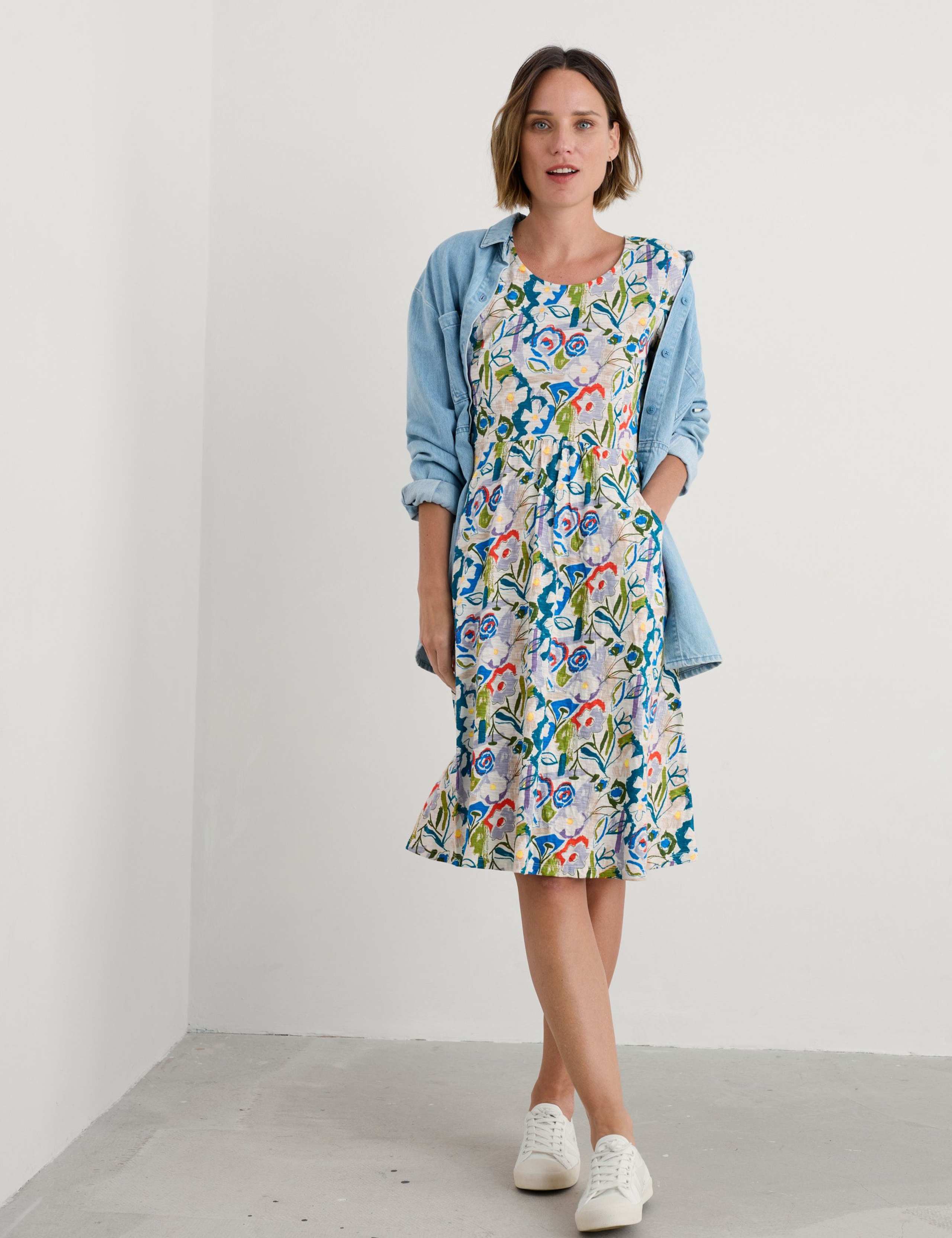 Pure Cotton Floral Midi Waisted Dress