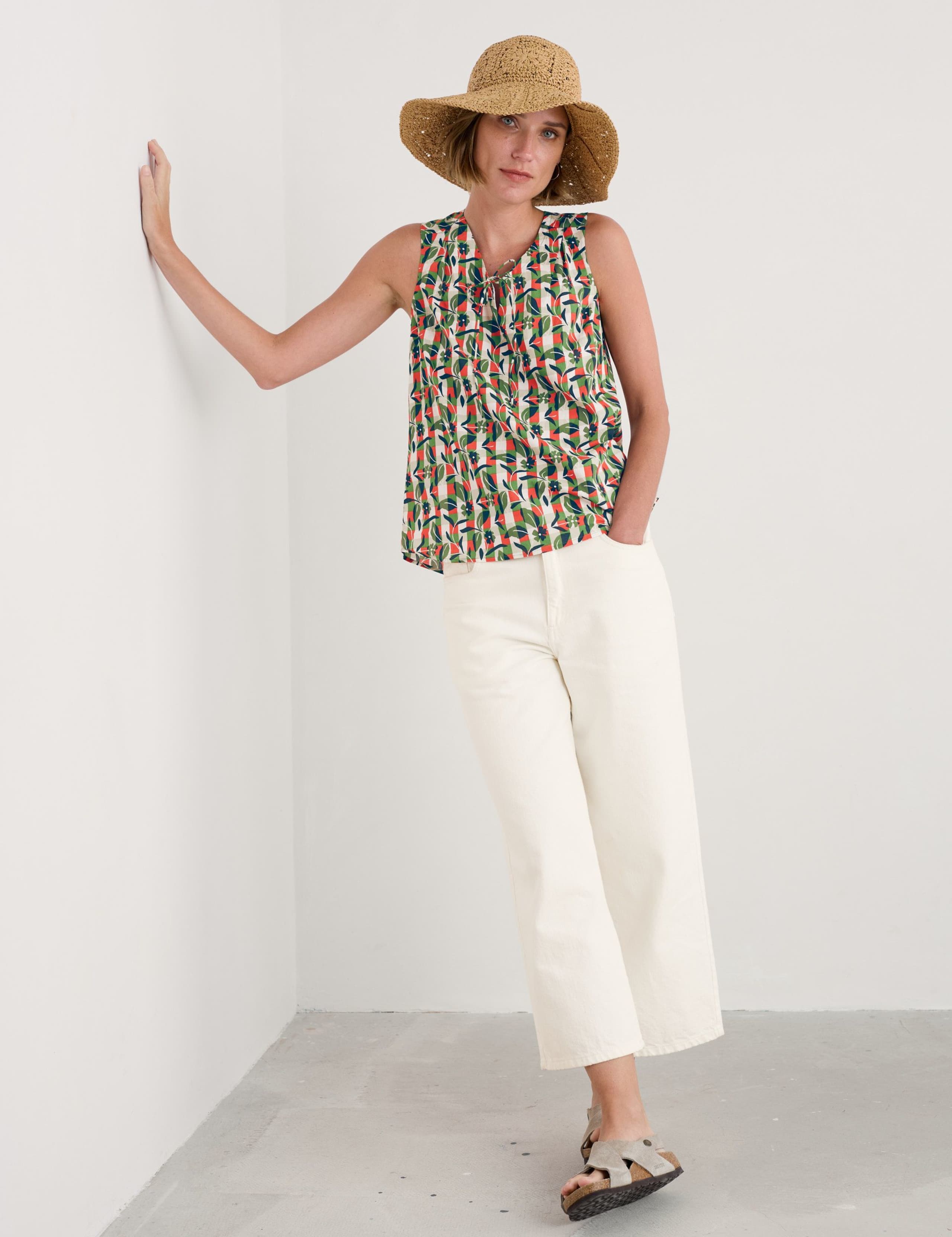 Pure Cotton Floral Tie Neck Vest Top