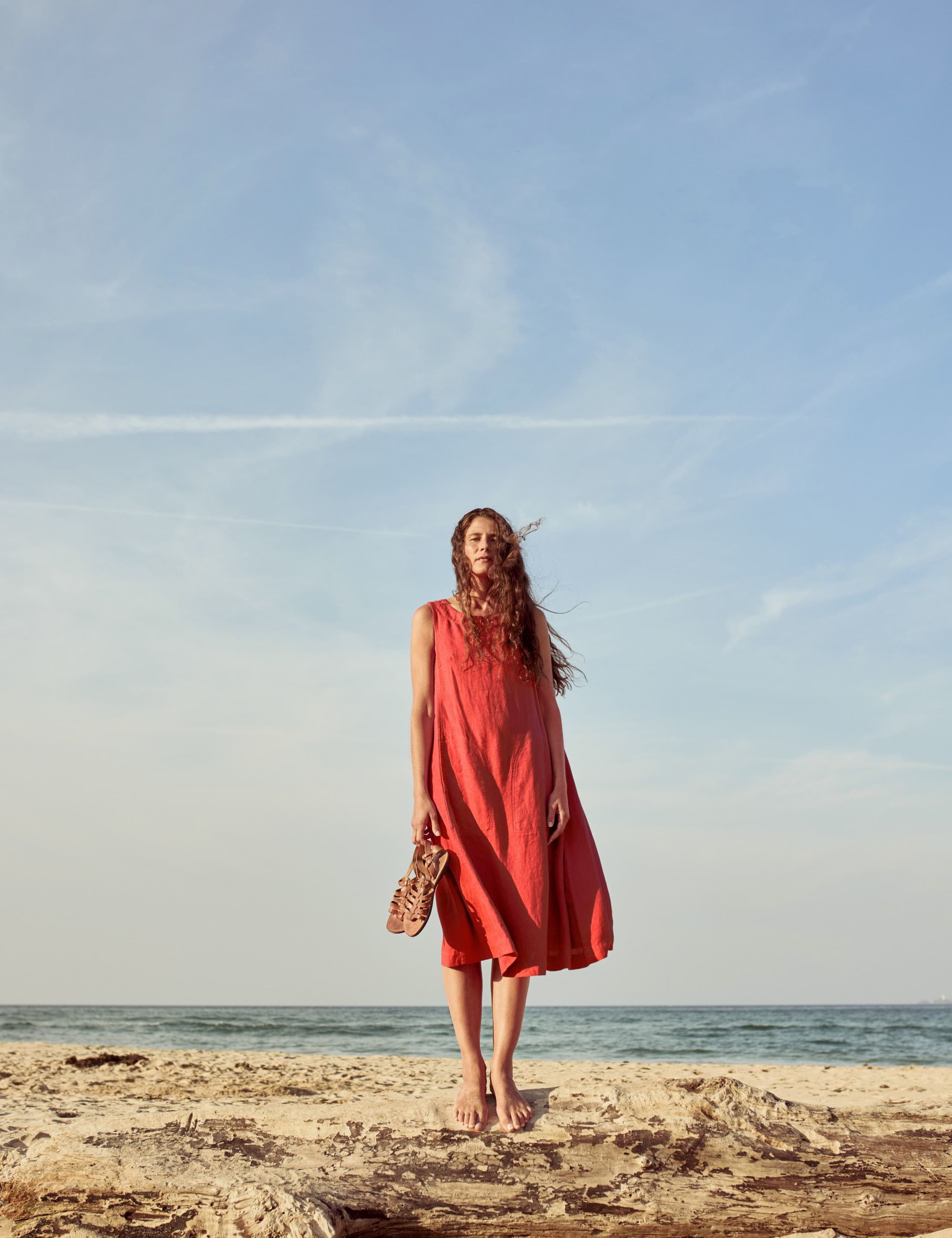 Pure Linen Round Neck Midi Beach Dress