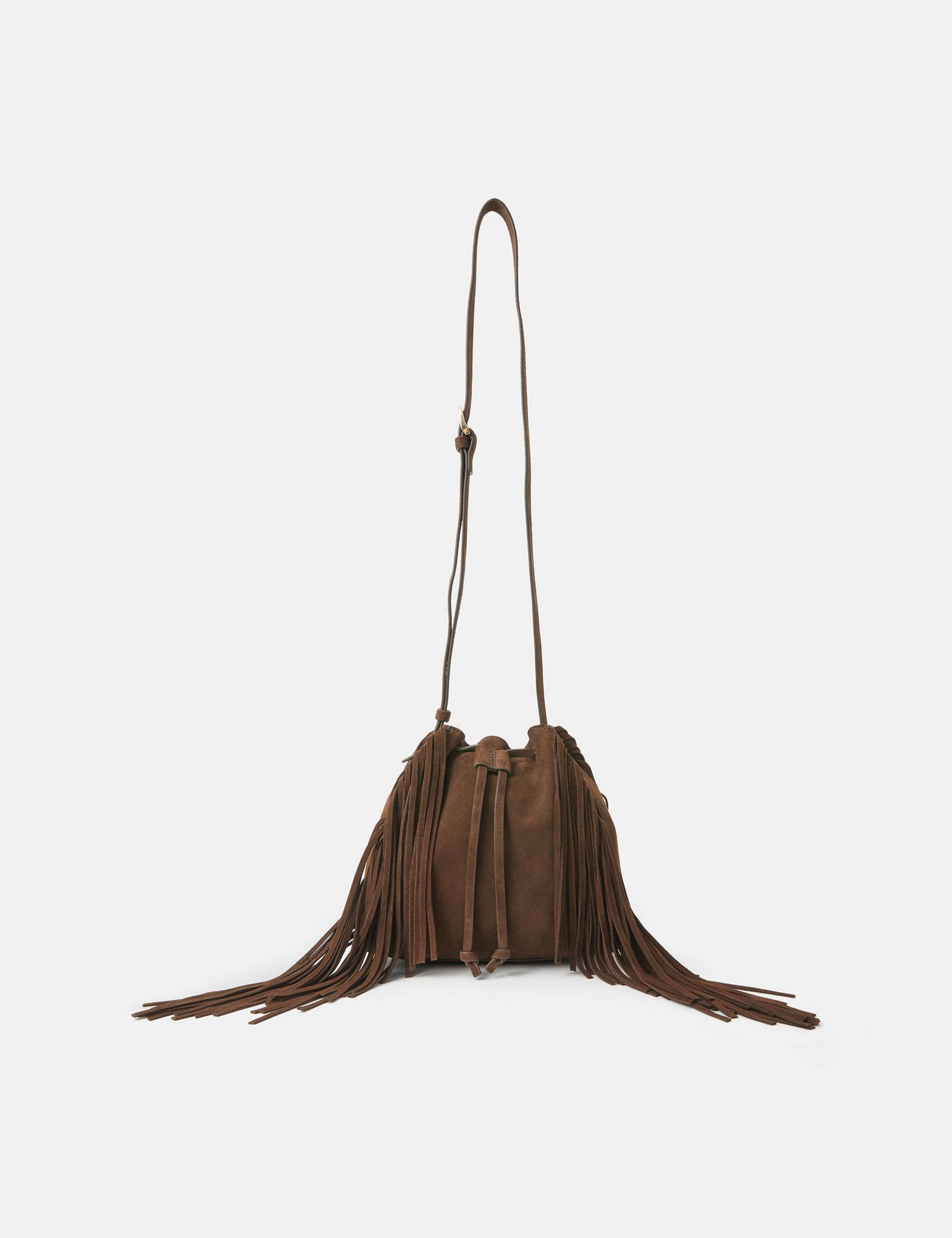 Suede Drawstring Fringe Bucket Bag