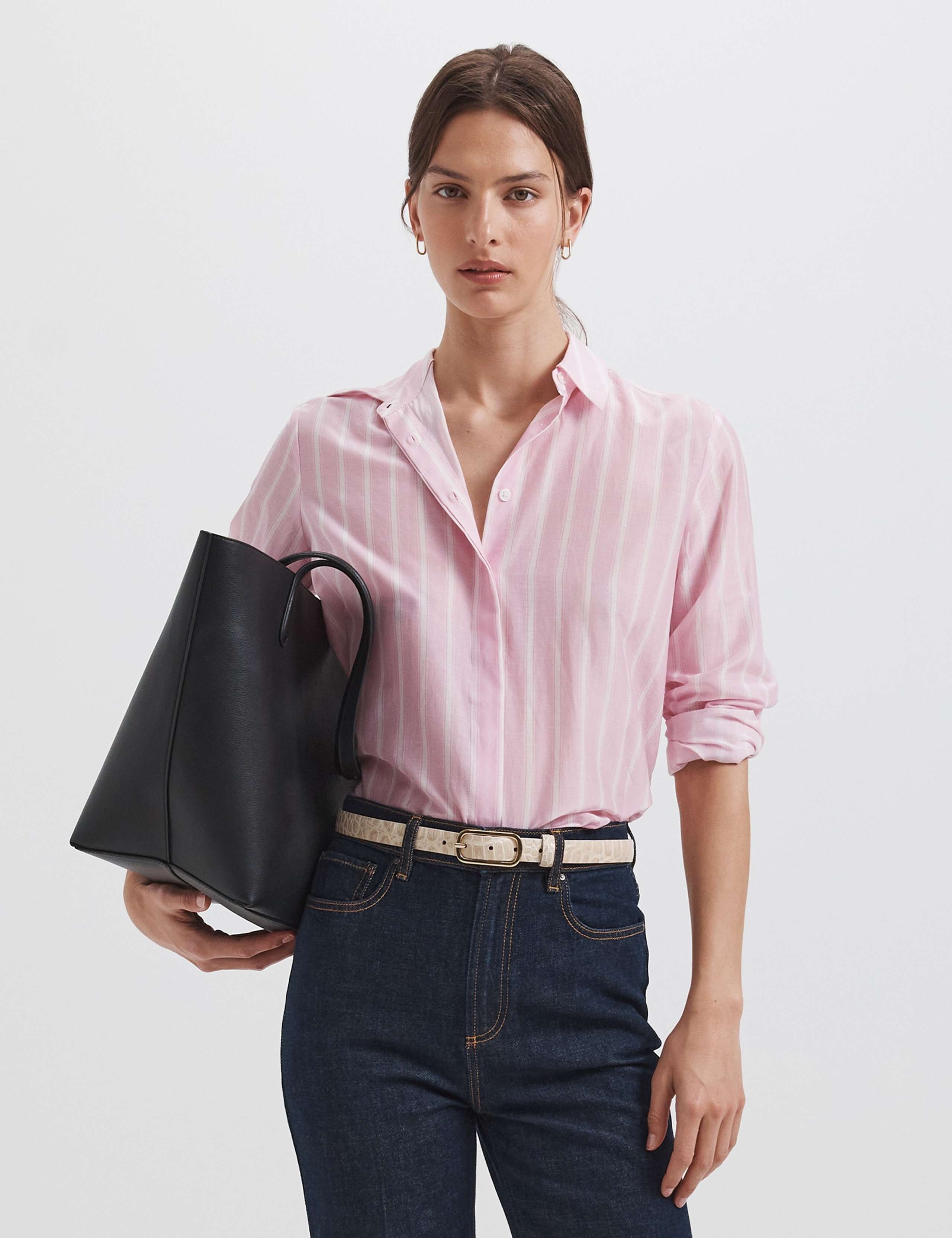 Striped Collared Cotton Silk Blend Long Sleeve Shirt